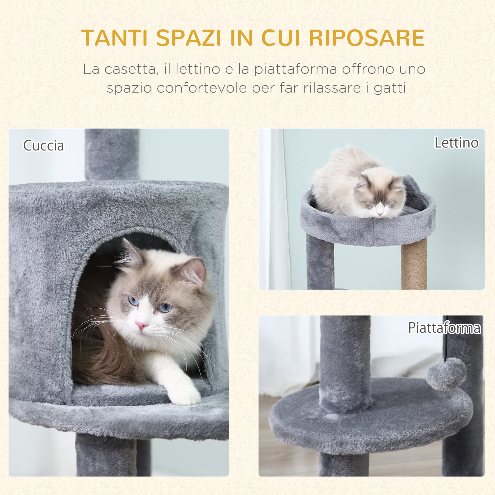 PawHut Albero Tiragraffi per Gatti a 3 Livelli 48x48x104 cm Grigio | Trespoli, Casetta, Pallina Appesa, in Legno, Sisal e Peluche