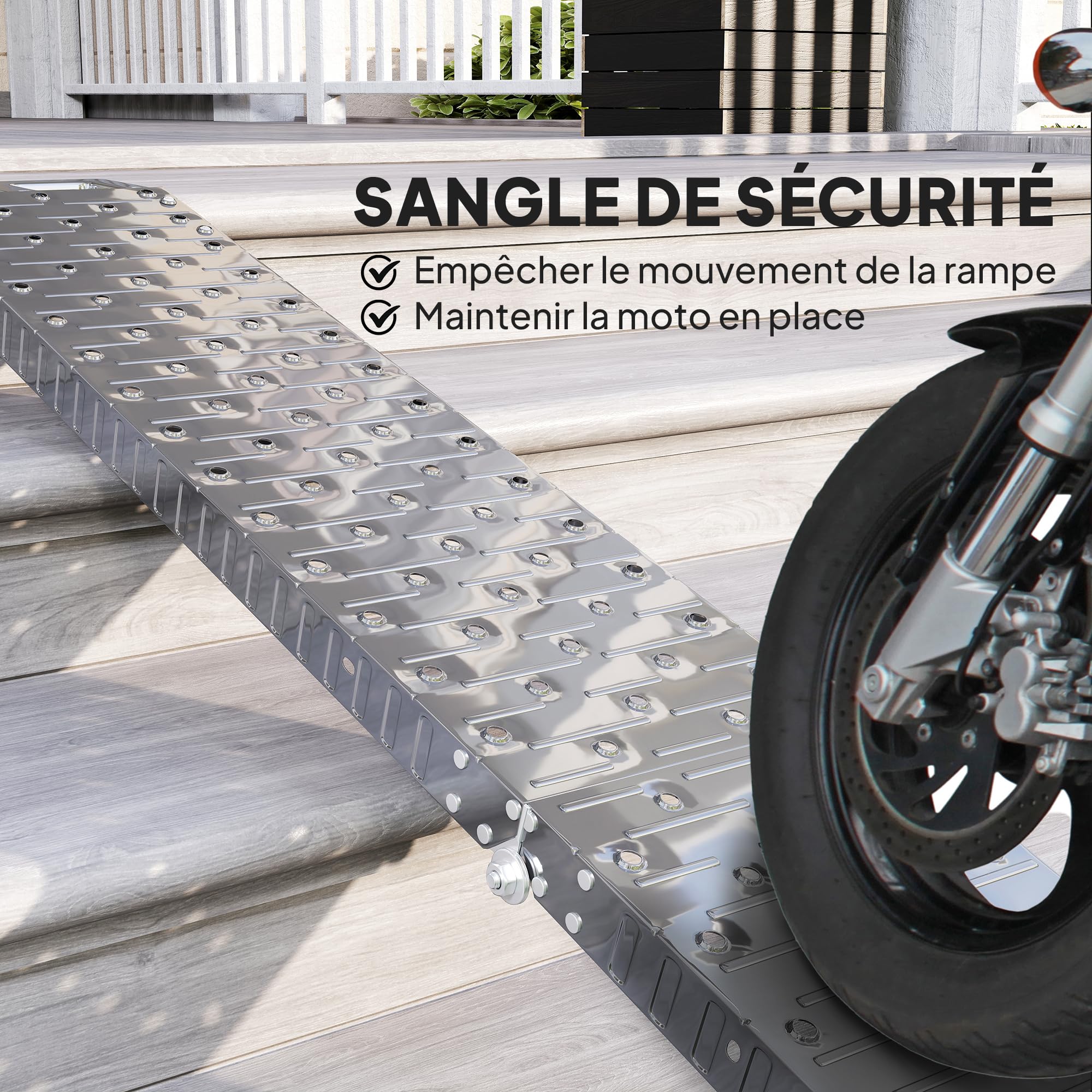 HOMCOM Rampe de Chargement Pliable 230 kg, Rampe d'accès Motos antidérapante en Acier INOX. avec Sangles de sécurité, Plateforme de Chargement pour Motos, vélos et VTT, 190 x 22 x 8 cm, Argent