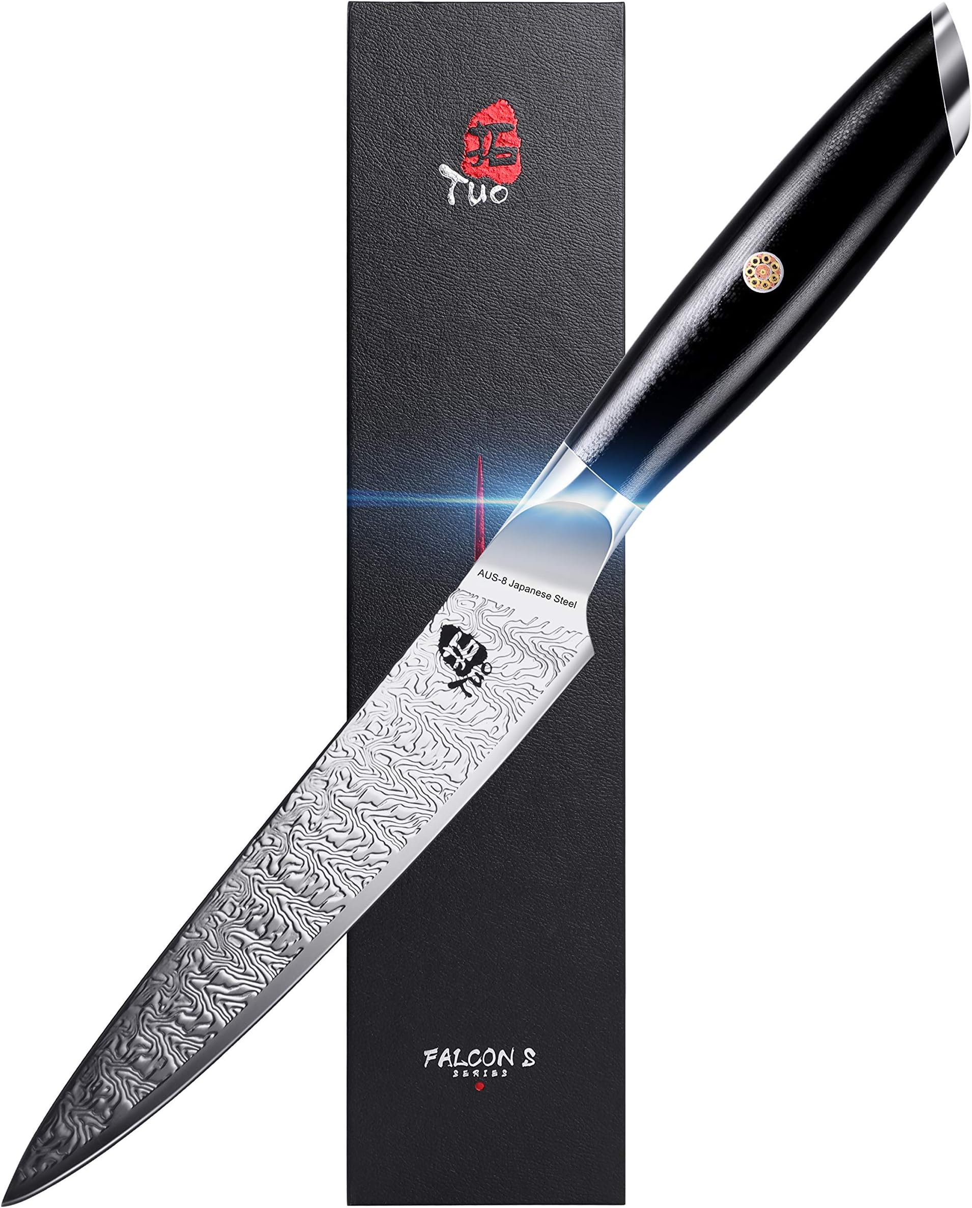 TUO Kitchen Utility Knife - Multipurpose Knife for Peeling Dicing, Small Kitchen Knife Forged AUS-8 Japanese Steel & G10 Full Tang Handle - Falcon S Series with Gift Box