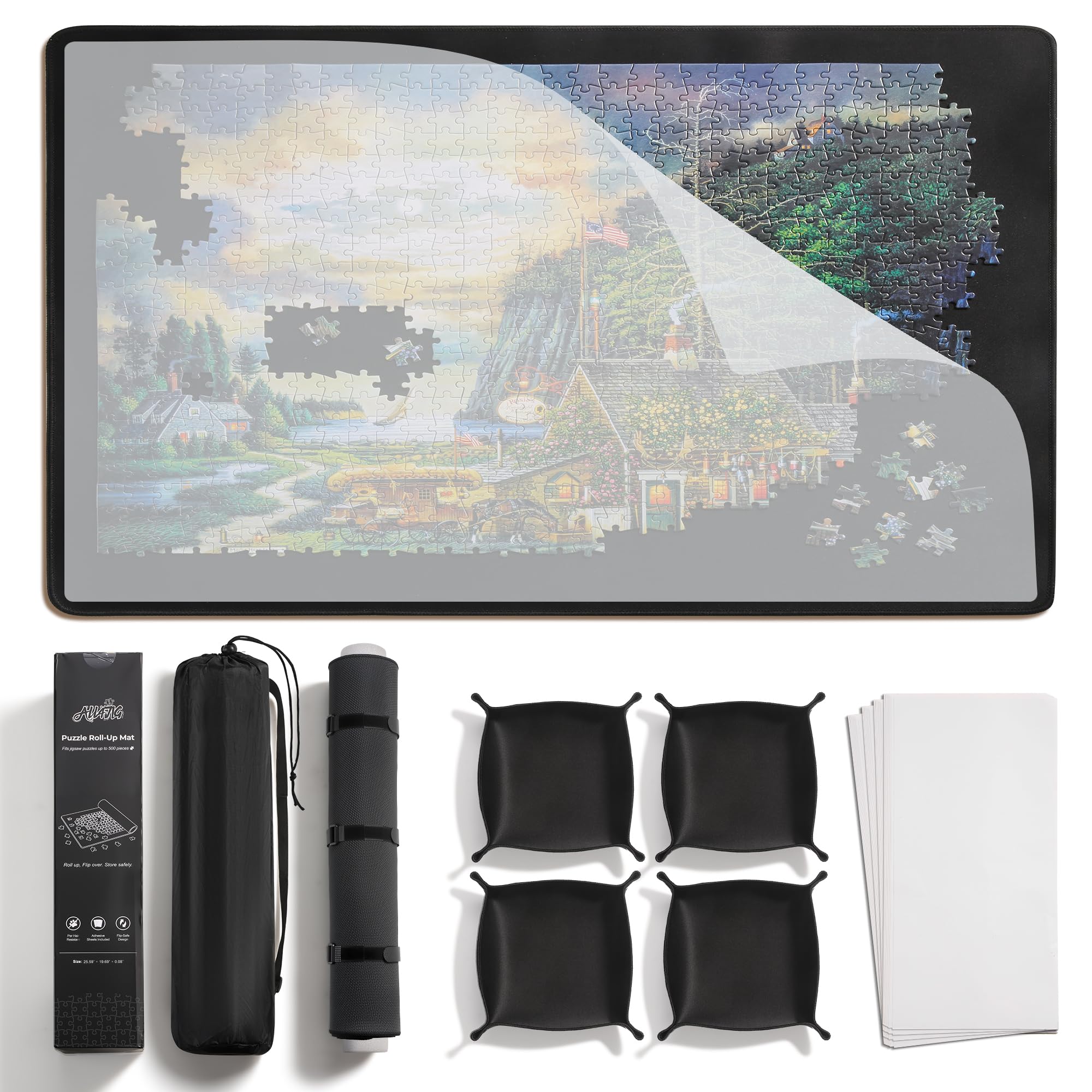 ALL4JIG Tappetino puzzle arrotolabile, tappetino da gioco per puzzle, design 3 in 1, per 1500 pezzi (45,7 x 25,6 cm)