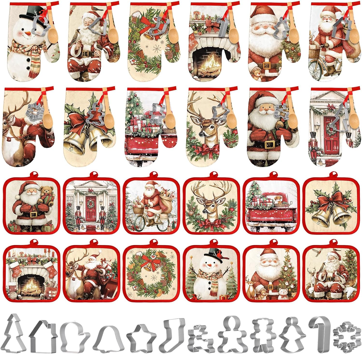 Qinyoung 48 pcs Christmas Kitchen Oven Mitts Set Pot Holders Holiday Baking Gift Set with Cookie Cutters Wooden Spoons Merry Christmas Santa Snowman for Xmas Kitchen Supplies Cooking Lover Presents