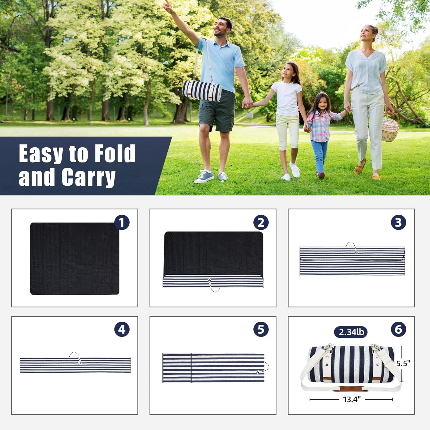 G GOOD GAIN Waterproof Picnic Blanket, 79"x79" Extra Large Beach Mat for 6 to 8 Adults, Machine Washable Outdoor Blanket for Camping, Grass, Park, Camping, Concerts, MiddleNavy