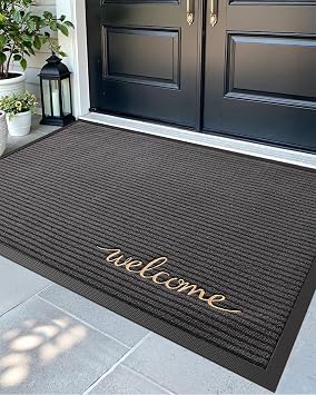 DEXI Front Door Mat Outside Entrance, 4x6 ft Extra Large Rubber Entry Doormat Heavy Duty, Non Slip Welcome Mats for Inside House Floor Entryway Exterior Patio, Welcome Grey