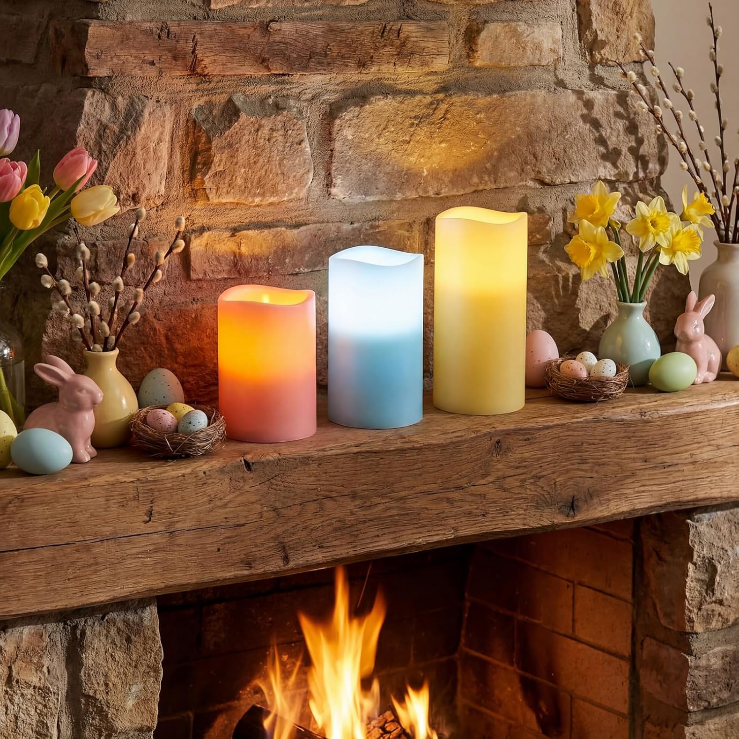VIHOSE Pastel Flameless Candles Battery Operated Flameless Pillar Candles Real Wax Fake Candle with Remote and Timer Flickering for St. Patrick's Easter Gift Home Party