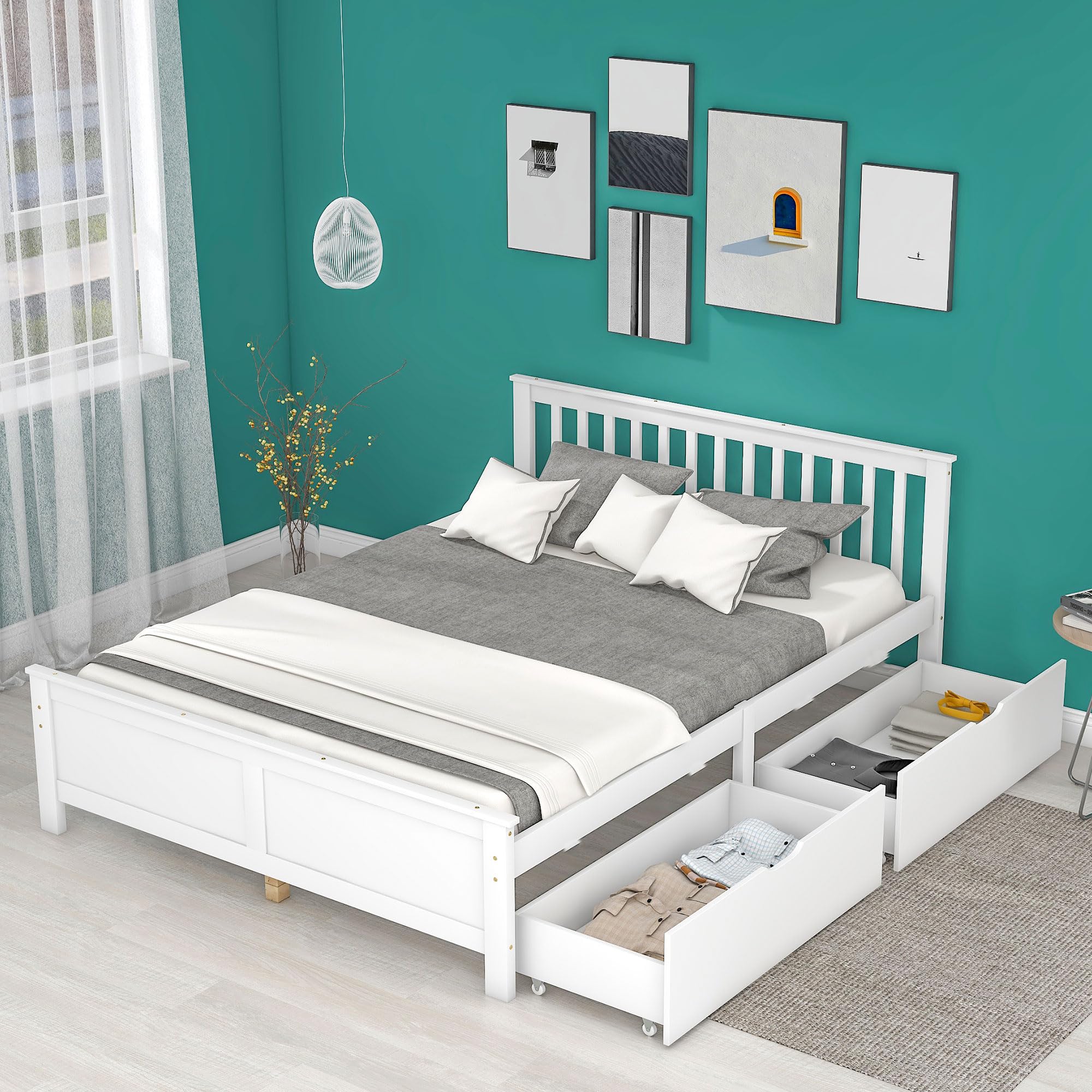 Letto in Legno 140x200 Letto Matrimoniale Testiera Imbottita Giroletto Fornito senza Materasso 2 Cassetti Doghe in Legno Pino e Mdf Spazio Da Terra di 29 Cm Camera Bianco