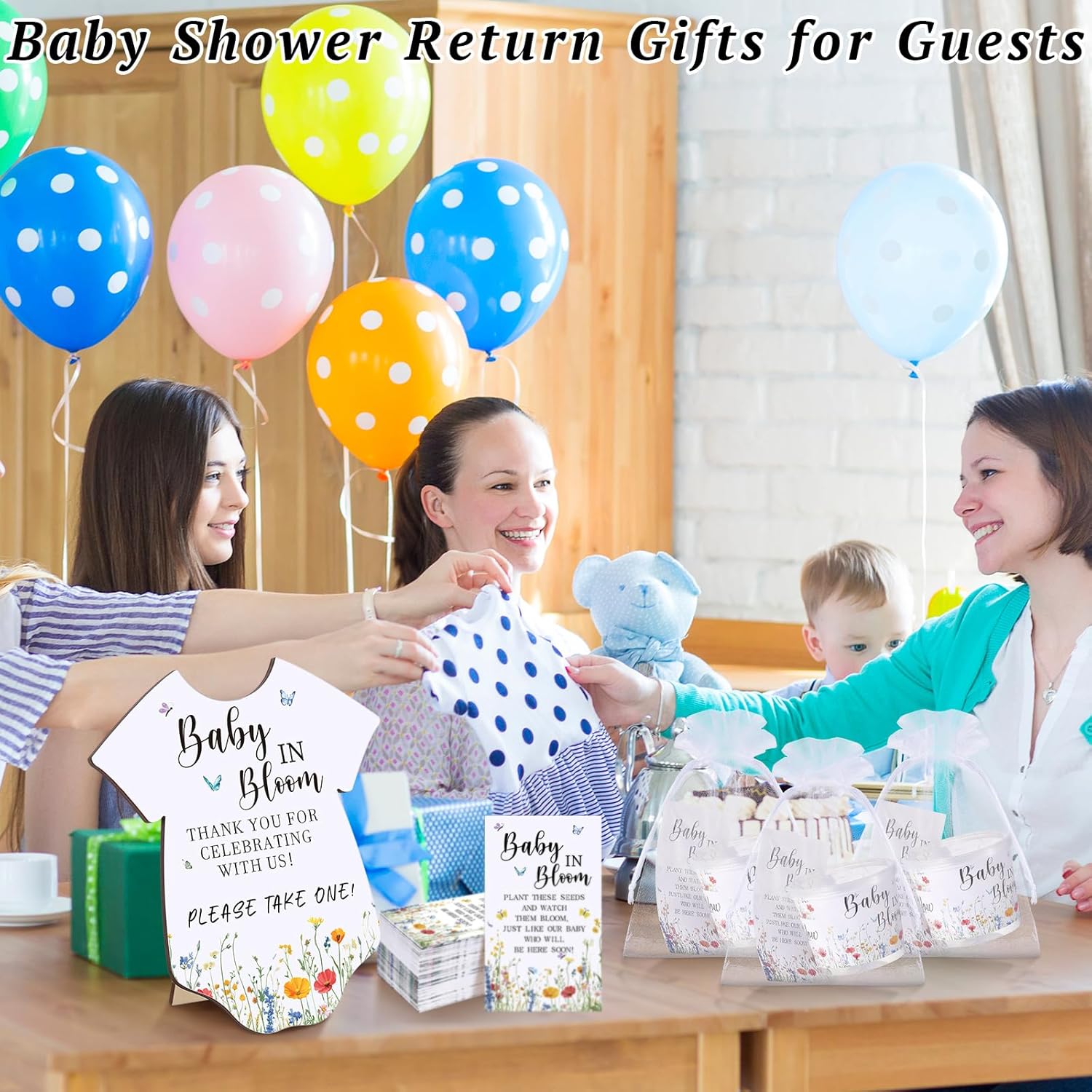 Hushee 151 Pcs Wildflower Baby in Bloom Baby Shower Decorations, Include 1 Greenery Sign 50 Wildflower Seed Packet 50 Mini Grow Flower Pots with 50 Bags Babys in Bloom Favors for Gender Reveal Gift