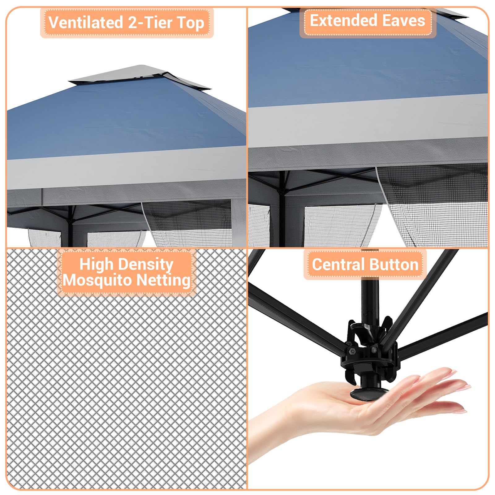 4 x 4 m Pop Up Gazebo, Waterproof Pop Up Tent with 4 Mosquito Net Side Panels, Heavy Duty Gazebo with Carry Bag, 360° Ventilation, Instant Event Shelter for Patio, Garden, Family Parties and Camping - Image 4