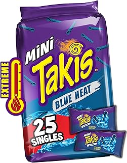 Takis Blue Heat Mini 25 pc / 1.23 oz Bite Size Multipack, Hot Chili Pepper Flavored Extreme Spicy Rolled Tortilla Chips