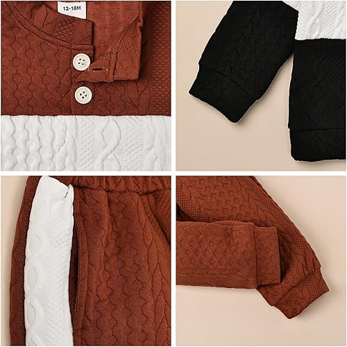 Miniatura 5 de DOMOABEI Conjunto de ropa de manga larga para bebé niño para otoño, invierno, sudadera con contraste de color, pantalones, conjunto de 12 meses a 5