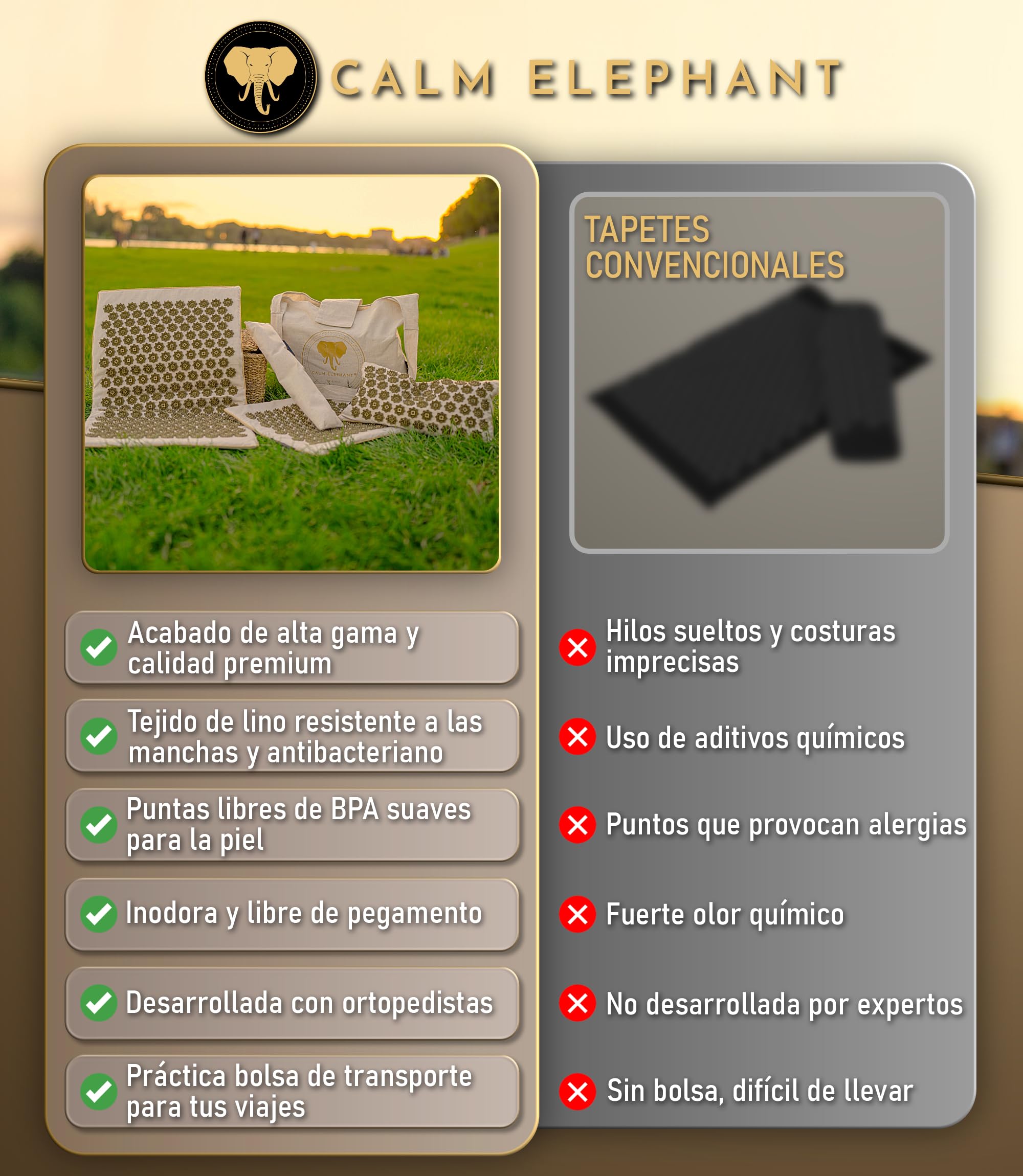 CALM ELEPHANT ORIGINAL Esterilla de Acupresión con Cojín XXL Set Genuine 5 Piezas, Masaje Espalda, Libera Tensiones, Cojín con Calor, Cojín Lumbar, Esterilla Pies y Bolsa - Beige