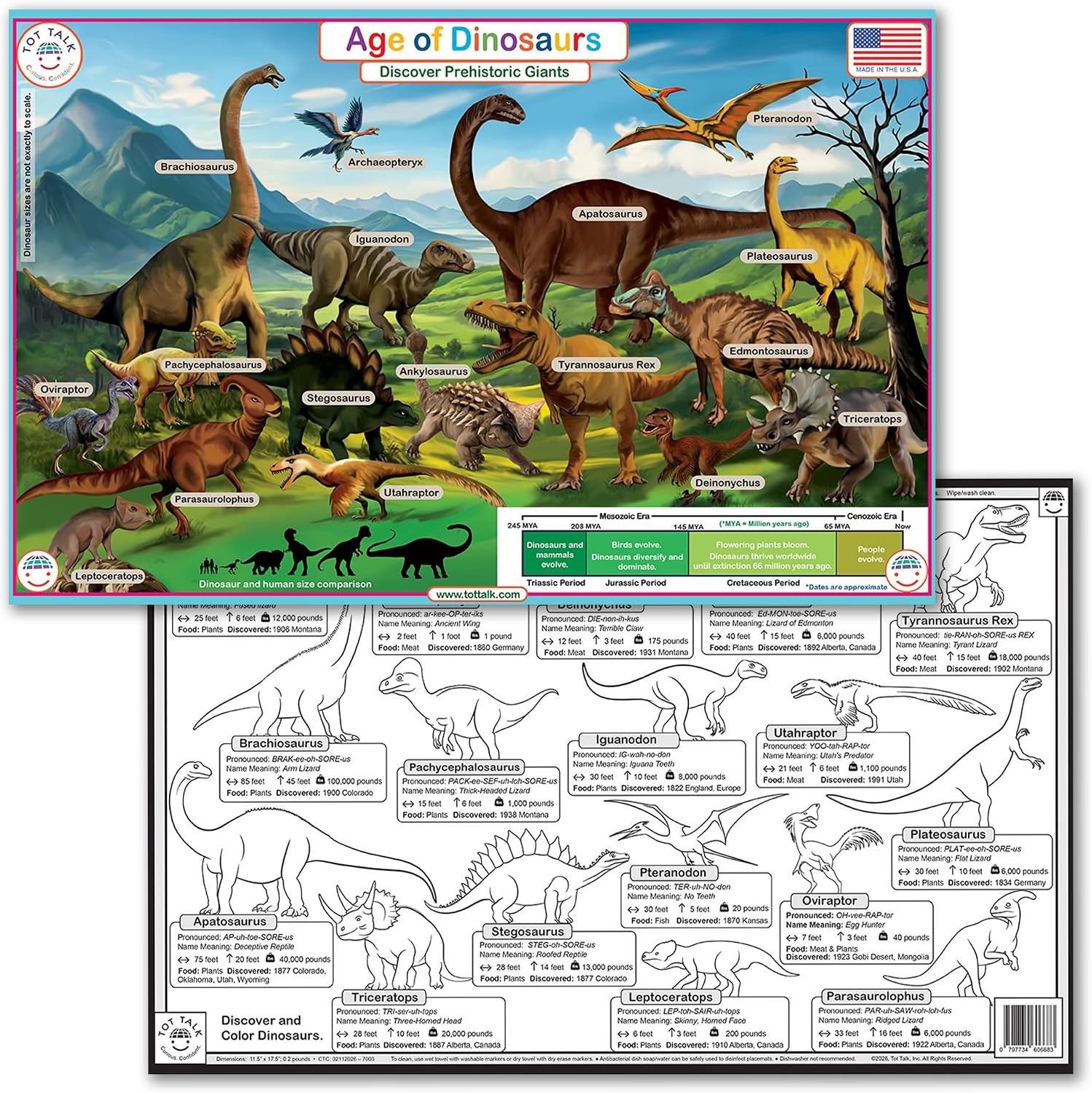 Tot Talk Age of Dinosaurs Educational Placemat for Kids – Made in USA – Durable, Double-Sided, Dinosaur Learning Placemat with Facts, Phonics & Coloring – Waterproof, Wipeable, 17.5” x 11.5”