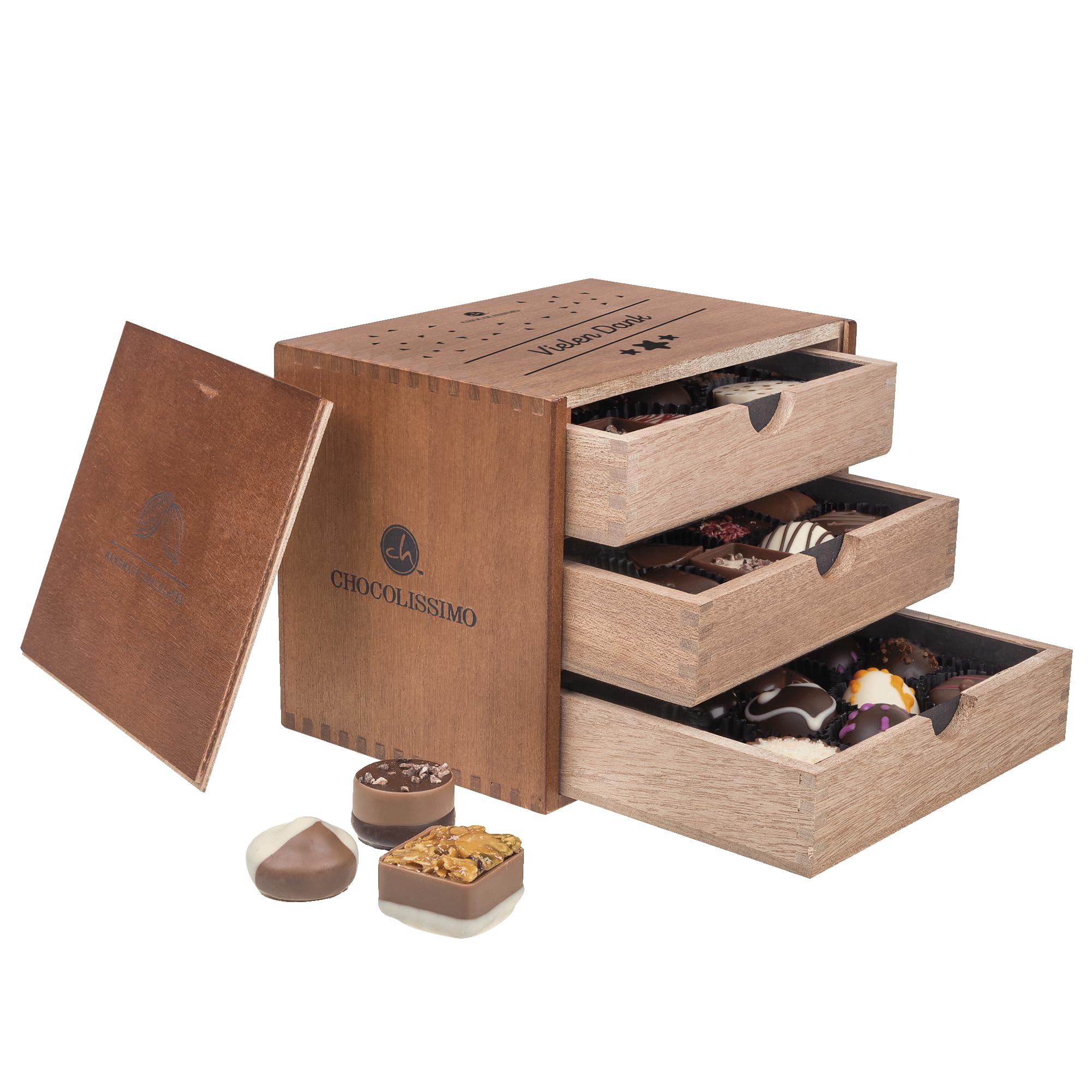 CHOCOLISSIMO - Danke Geschenk - Dankeschön Geschenk aus Schokolade in Holzbox - 30 edle Pralinen, mit Alkohol - Geschenkidee Geburtstag, Jahrestag, Valentinstag für Frauen, Männer, Papa, Mama