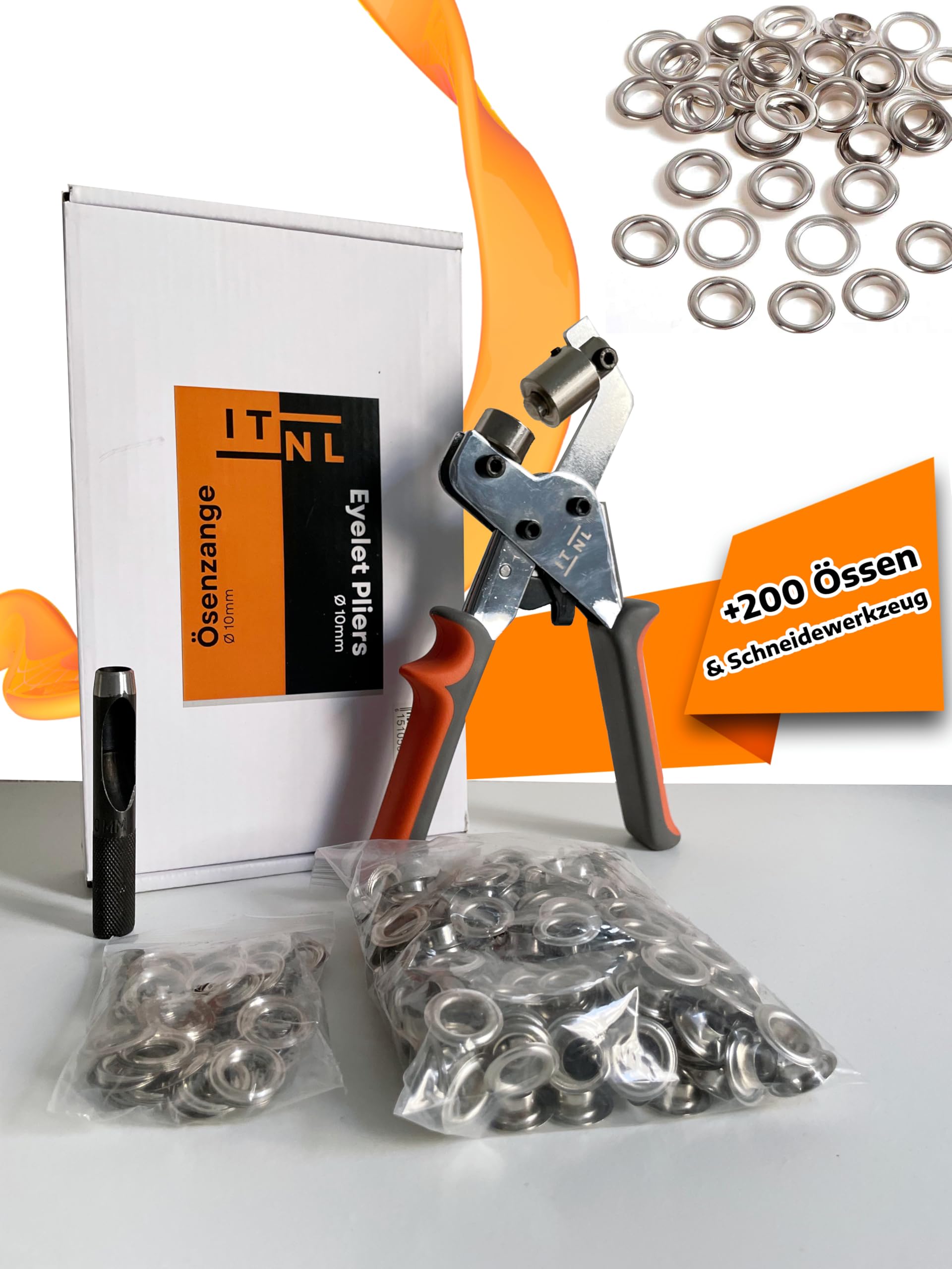 Ösenzange SET (Ø 10mm) | Magnetische Ösenpresse aus gehärtetem Stahl | inkl. 200 Ösen (Ösenzange + 200 Ösen) Ösenstanze für Stoffe, Planen und Sonnensegeln