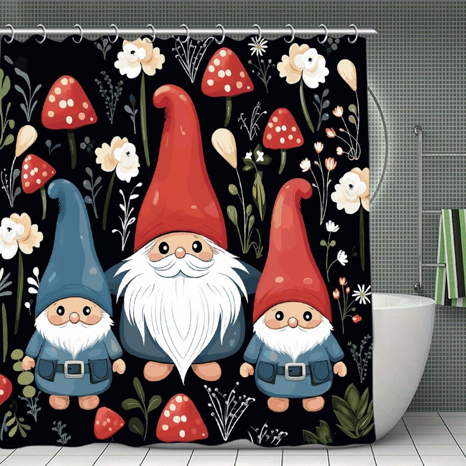 FekiLoot Cute Gnomes Shower Curtain with Hooks Modern Farmhouse Bathroom Curtain Waterproof Cloth Bath Curtains Cute Washable Blackout Privacy Curtains for Bathroom Bathtub 70.8"x70.8"