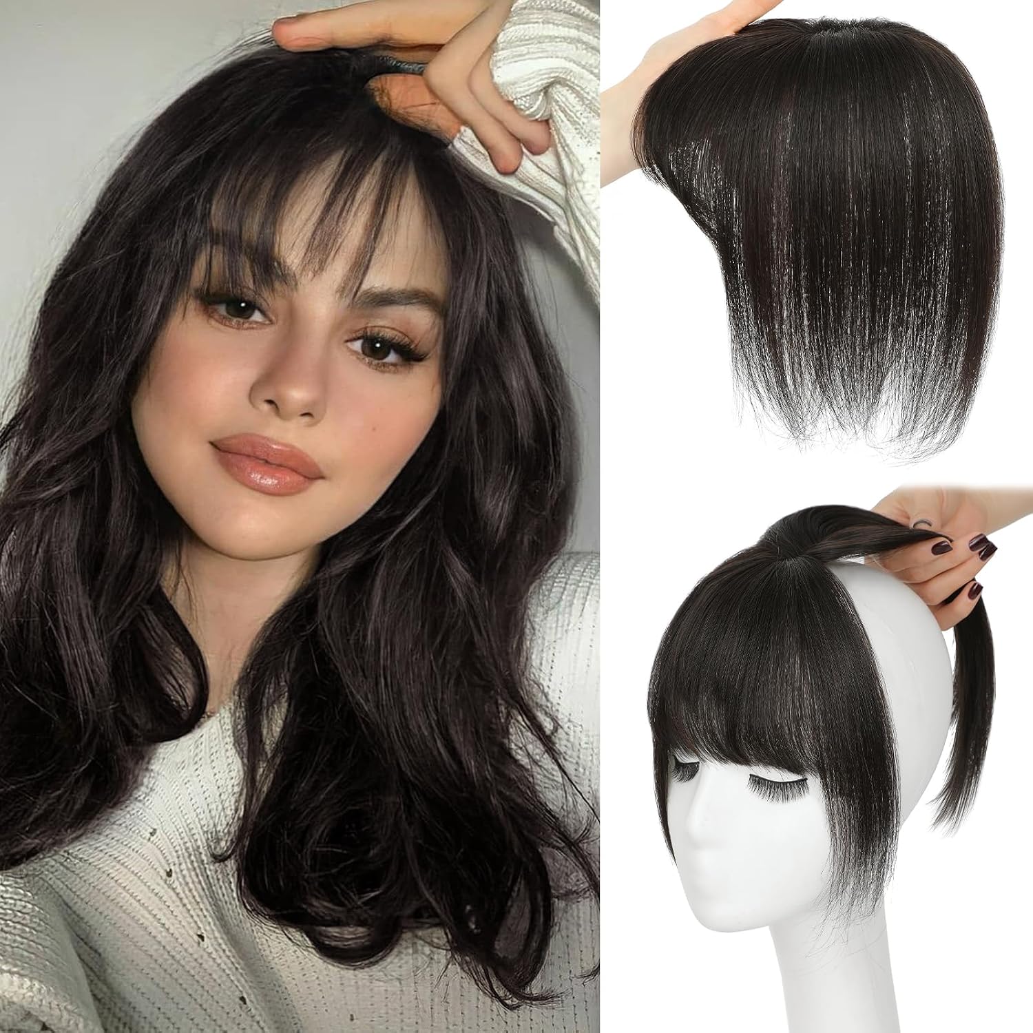 Clip in Bangs for Women - 100% Real Human Hair Wispy Bangs Hair Clip with Temples Hairpieces Fake Bangs for Daily Wear (Brown Black, Wispy Bangs)