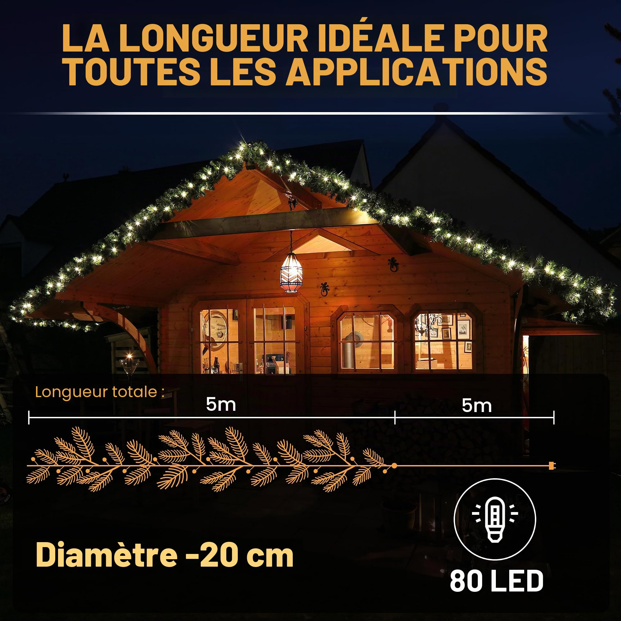 Guirlande Lumineuse Noël Imitation Sapin 5 m 80 LED extérieur