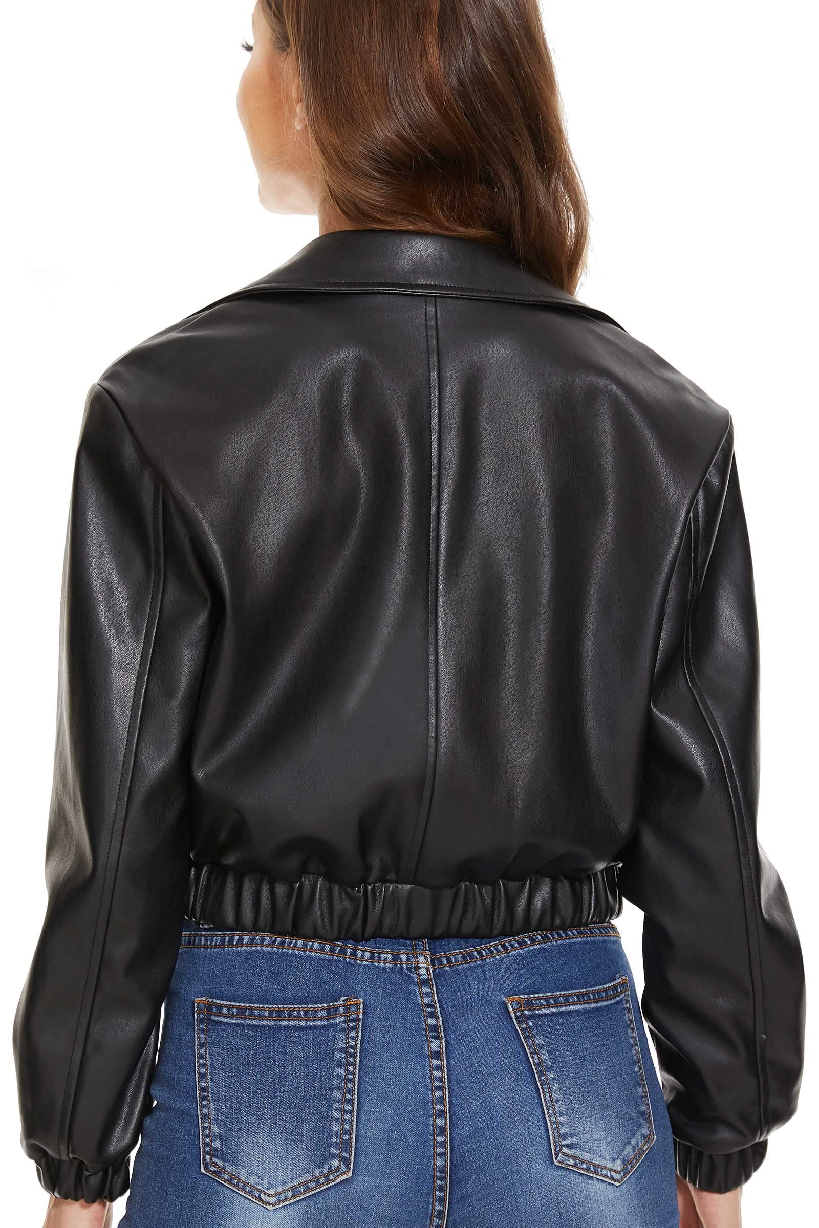 Fahsyee Lederjacke Damen Biker Kurz Slim Motorradjacke Schwarz S-XXL | Kunstleder PU, kurz geschnitten, Reißverschluss vorne, leicht, vegan, vielseitig kombinierbar