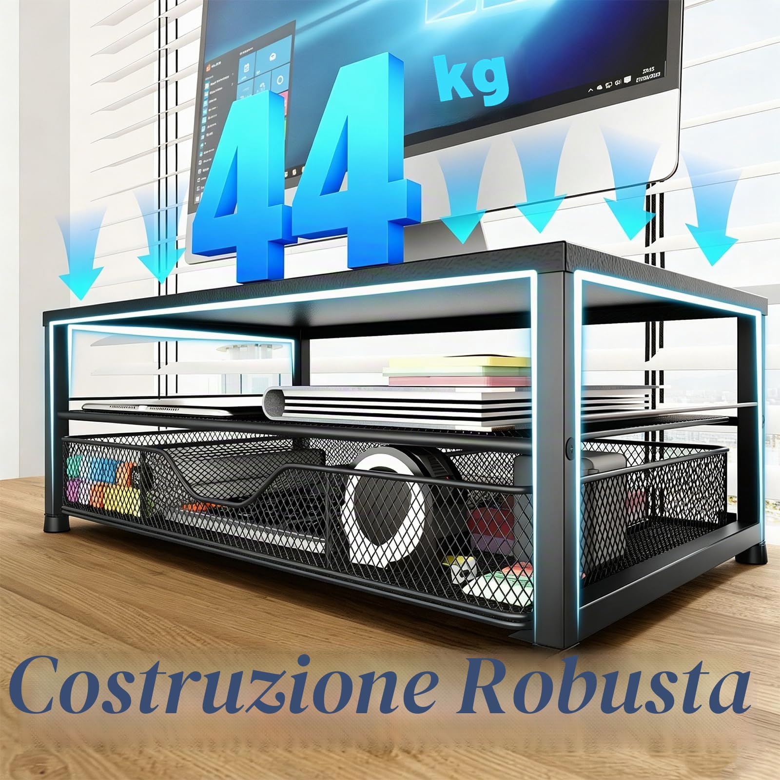 OPNICE Supporto per monitor a 2 livelli con cassetto e 2 portapenne, supporto per laptop, accessori da scrivania per ufficio, nero