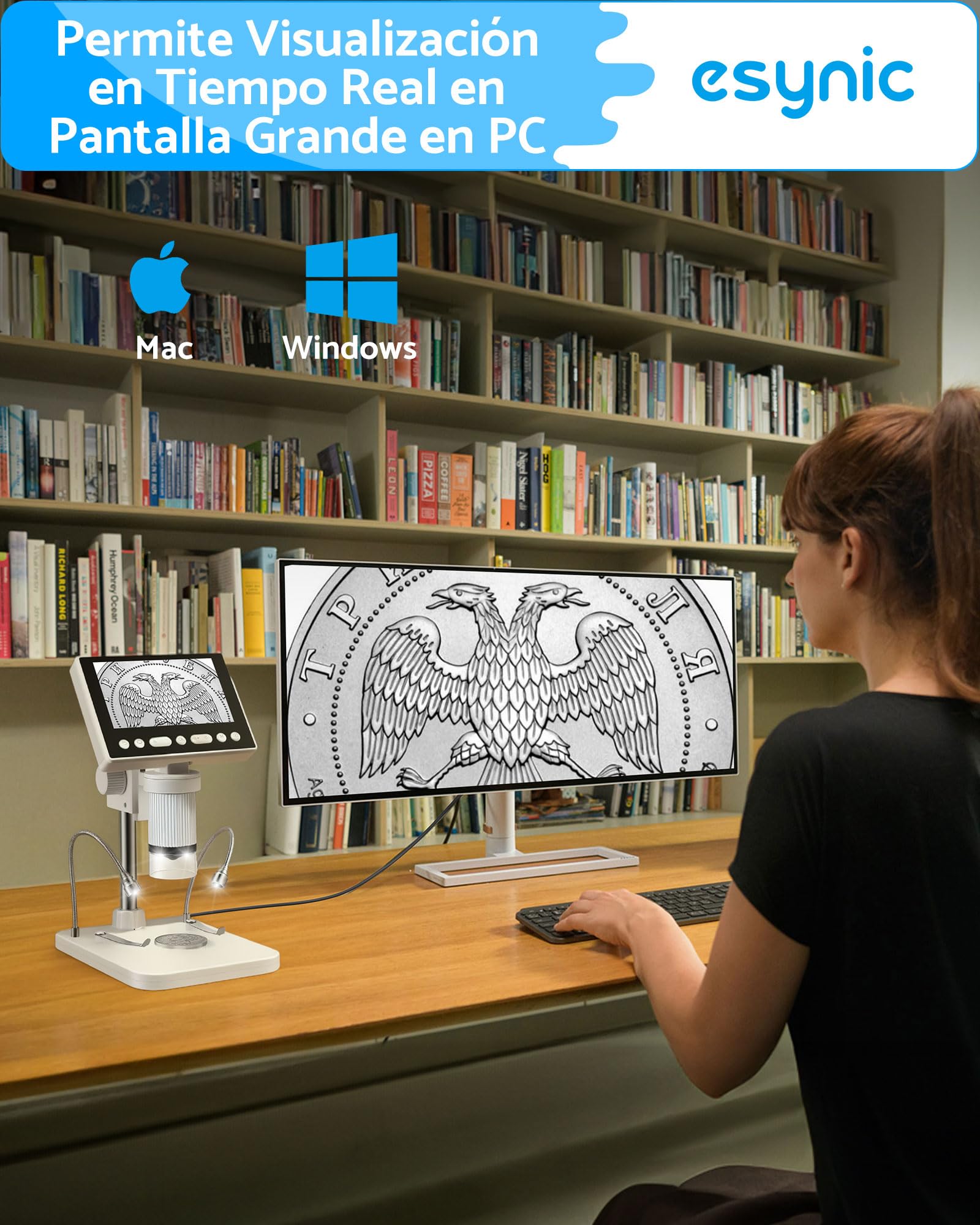 eSynic Microscopio Digital con Pantalla de 4.5'' Microscopio Portátil 1080P 5X-1000X con Luz LED Doble Soporte Ajustable Microscopio Recargable con 32GB para Reparación Soldadura PCB Monedas Educación