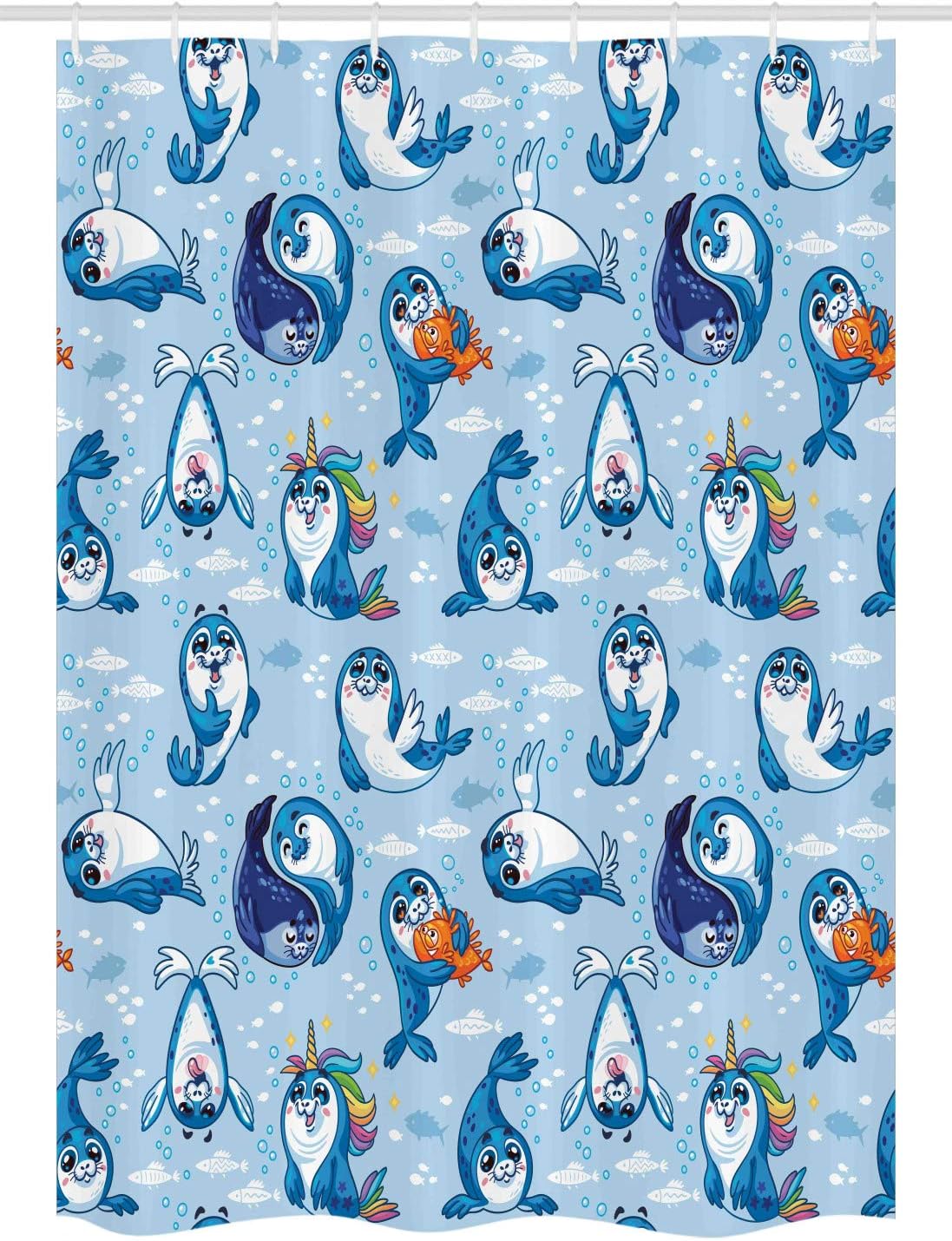 Ambesonne Sea Animals Stall Shower Curtain, Seal Pup Aquatic Wildlife Friendly Hugging Water Bubbles, Fabric Bathroom Decor Set with Hooks, 54" W x 78" L, Blue White Marigold