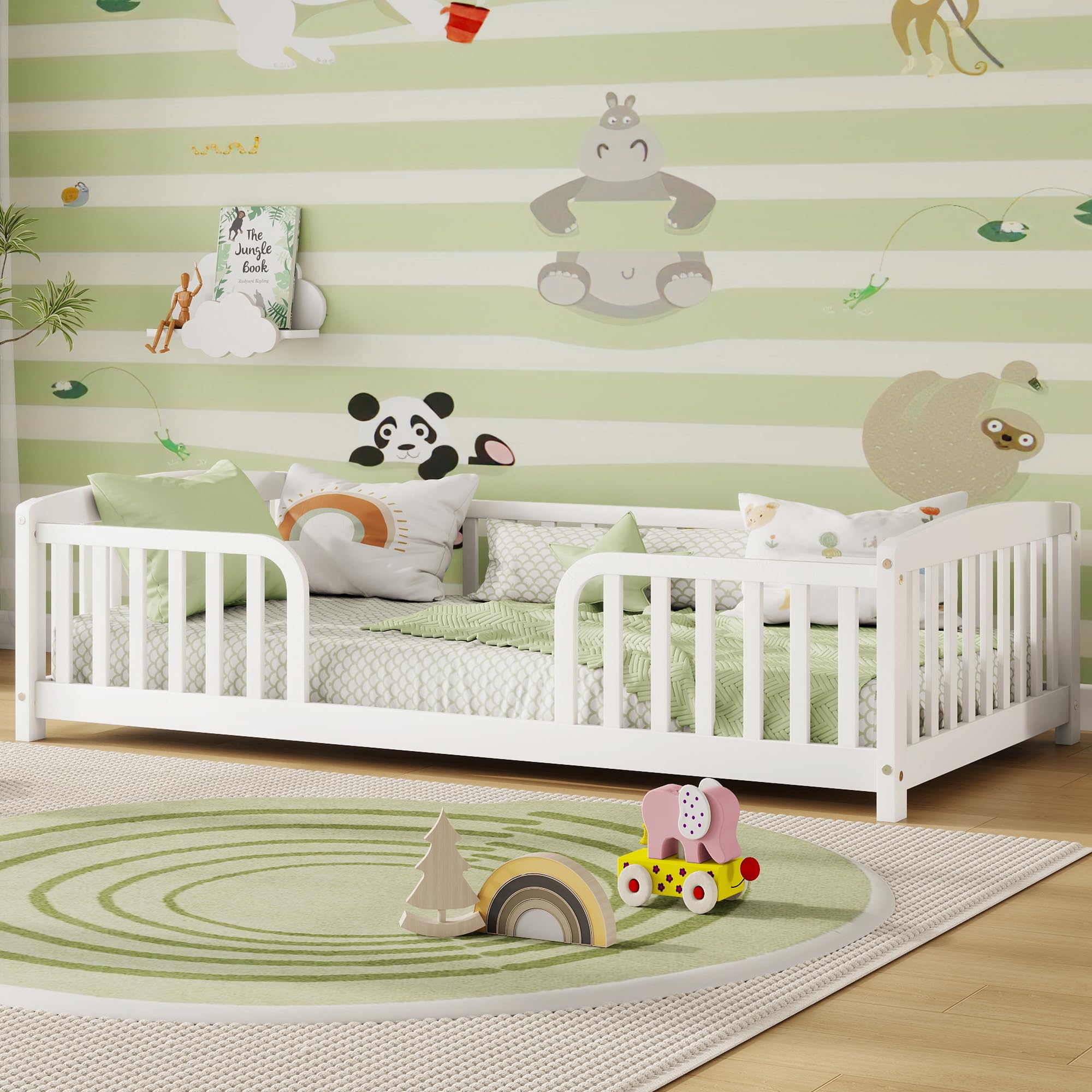 Bellemave Twin Size Montessori Floor Bed Frame with High Fence, Solid Wood Kids Floor Bed with Central Entrance, Low Profile Bed for Boys &amp; Girls, Rounded Corner Design,White