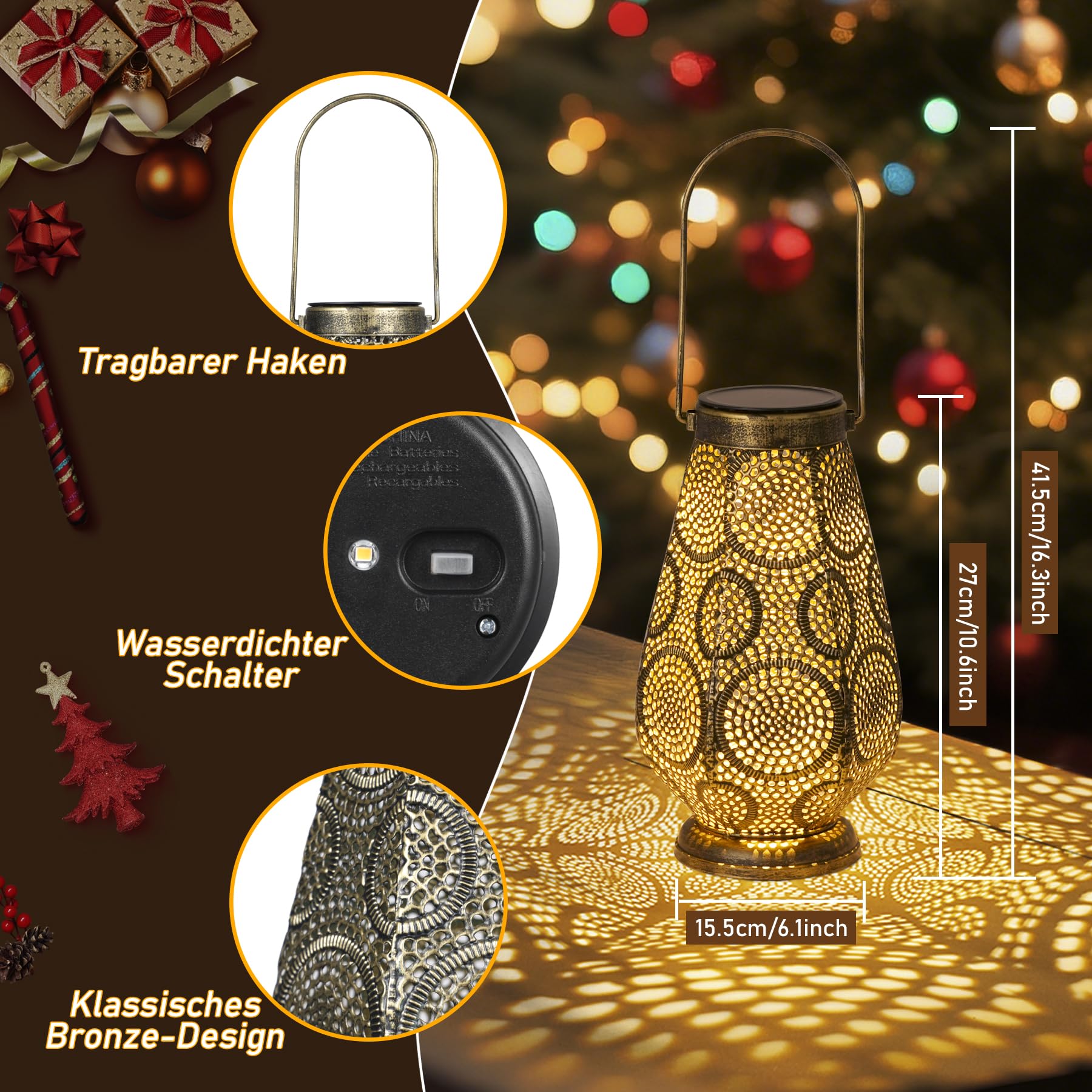 JOYCREATOR Lanterna solare per esterni, IP65, resistente alle intemperie, per esterni, da appendere, in metallo, per esterni, cortili, prati, giardini, regali di Natale per donne (bronzo/grande)