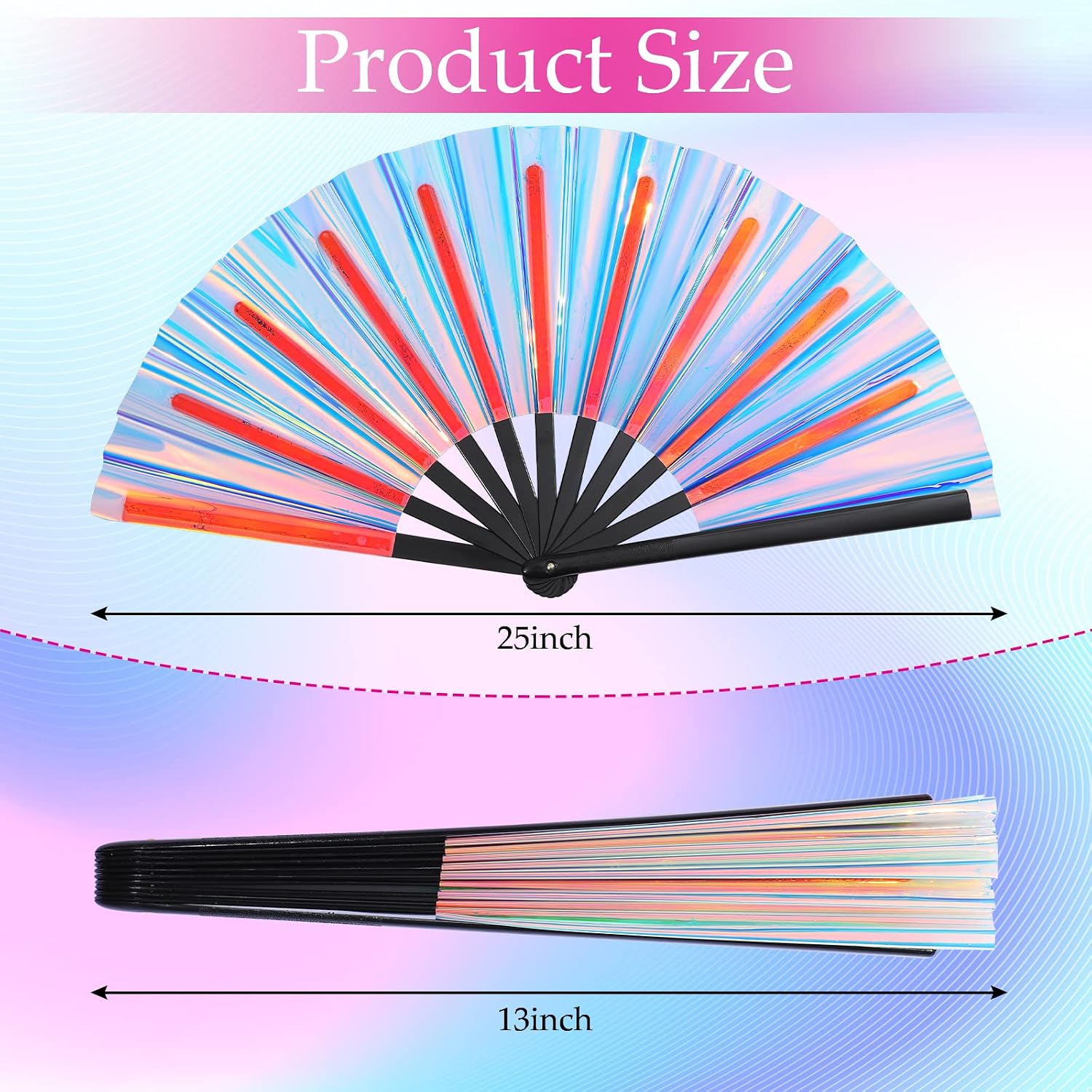 Rave Fans, 6 Pack 13" Large Holographic Folding Hand Fans Women Rave Fan Clack Fan for Line Dancing, Music Festival, Party, Club(Blue)