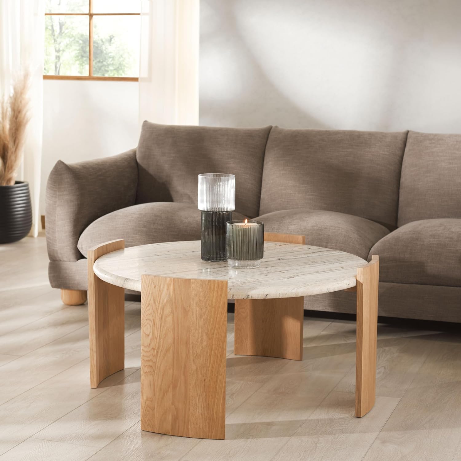 SAFAVIEH Couture Collection - Damarcus Travertine Top Round Coffee Table with Natural Brown Solid Wood Base, Modern Accent Cocktail Table (SFV9731A)