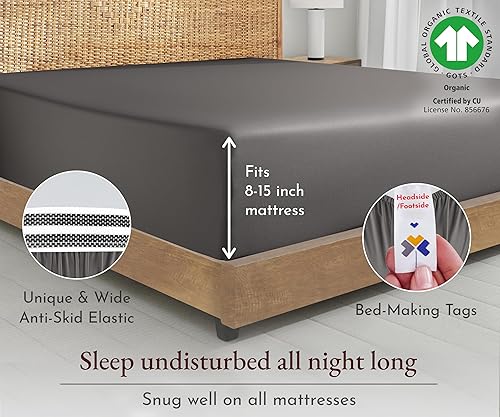 Miniatura 9 de Sábana bajera, 100% de algodón orgánico, tejido de percal, refrescante, ligera, ajustada, fresca, tamaño matrimonial, con bolsillo profundo,