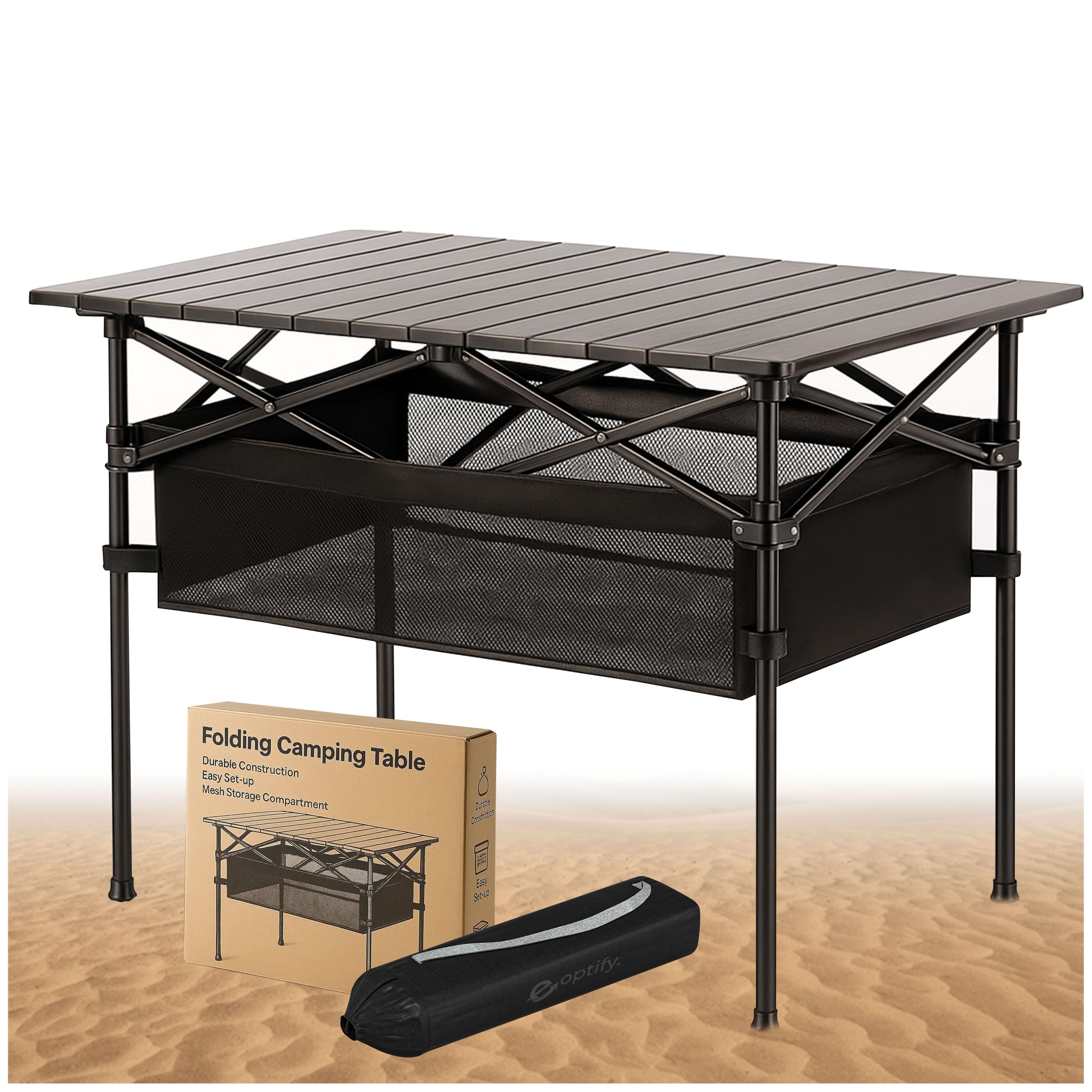 Aluminum Roll Up Camping Table, Foldable Camping Table with Adjustable Height, Lightweight Outdoor Table for Camping, Picnic, BBQ, Beach, Party Portable Table with Storage Net & Carry Bag
