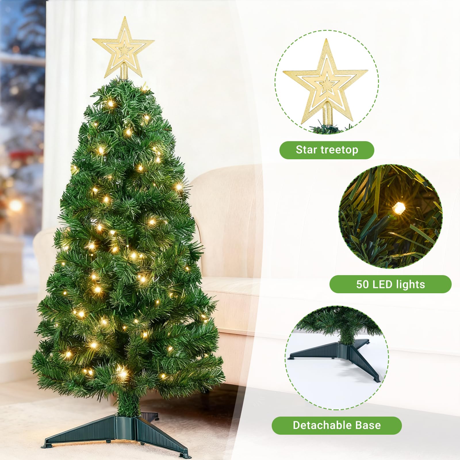 ELYKEN Mini sapin de Noël artificiel de 0,9 m avec lumières LED, décoration de Noël pour table, chambre à coucher, intérieur, extérieur, vert