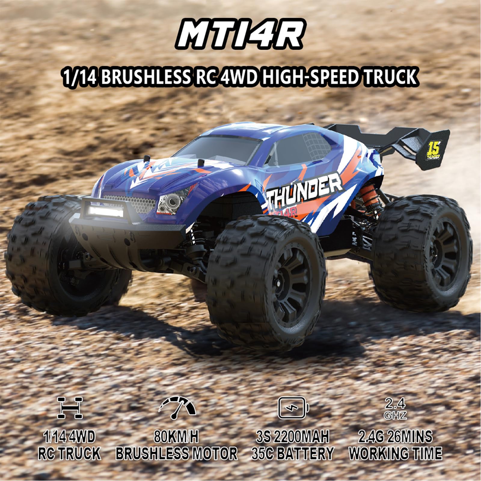 1: 14 RC Racing car,Equipped with 2 3S Rechargeable Batteries,4WD 80km/h,Brushless Motor 2.4G Remote Control,High-Speed Off-Road RC Truck (MT14R Deep Blue)