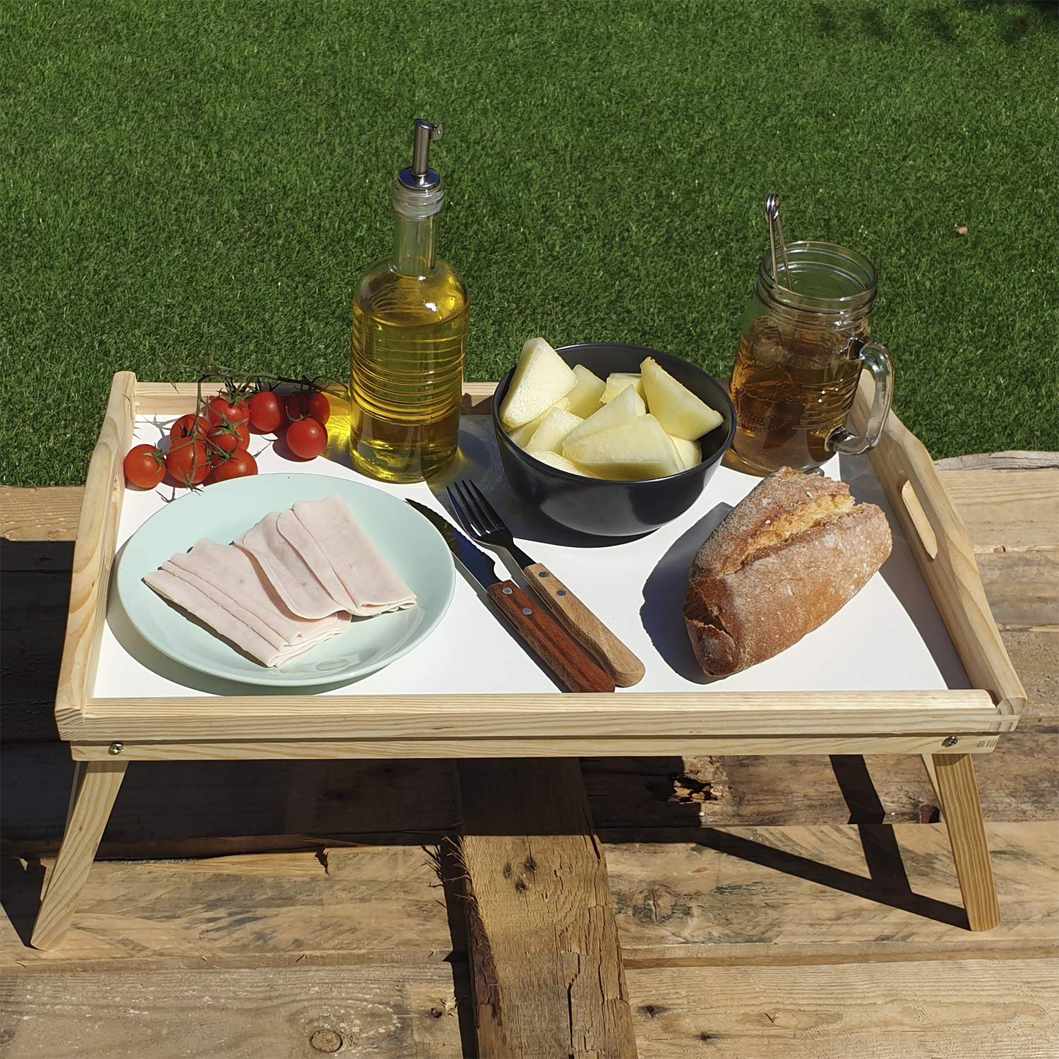 CONFORTIME Plateau lit pliable, table en bois avec poignées 50 x 30 x 22 cm avec base blanche facile à nettoyer