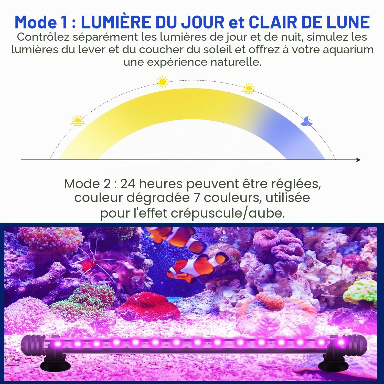 Aquarium Light LED, éclairage pour aquarium LED, 13.2W Aquarium Light RGB, IP67 étanche, Universal Fit Aquarium Lamp, pour réservoir à poissons, aquarium de plantes, EU Plug