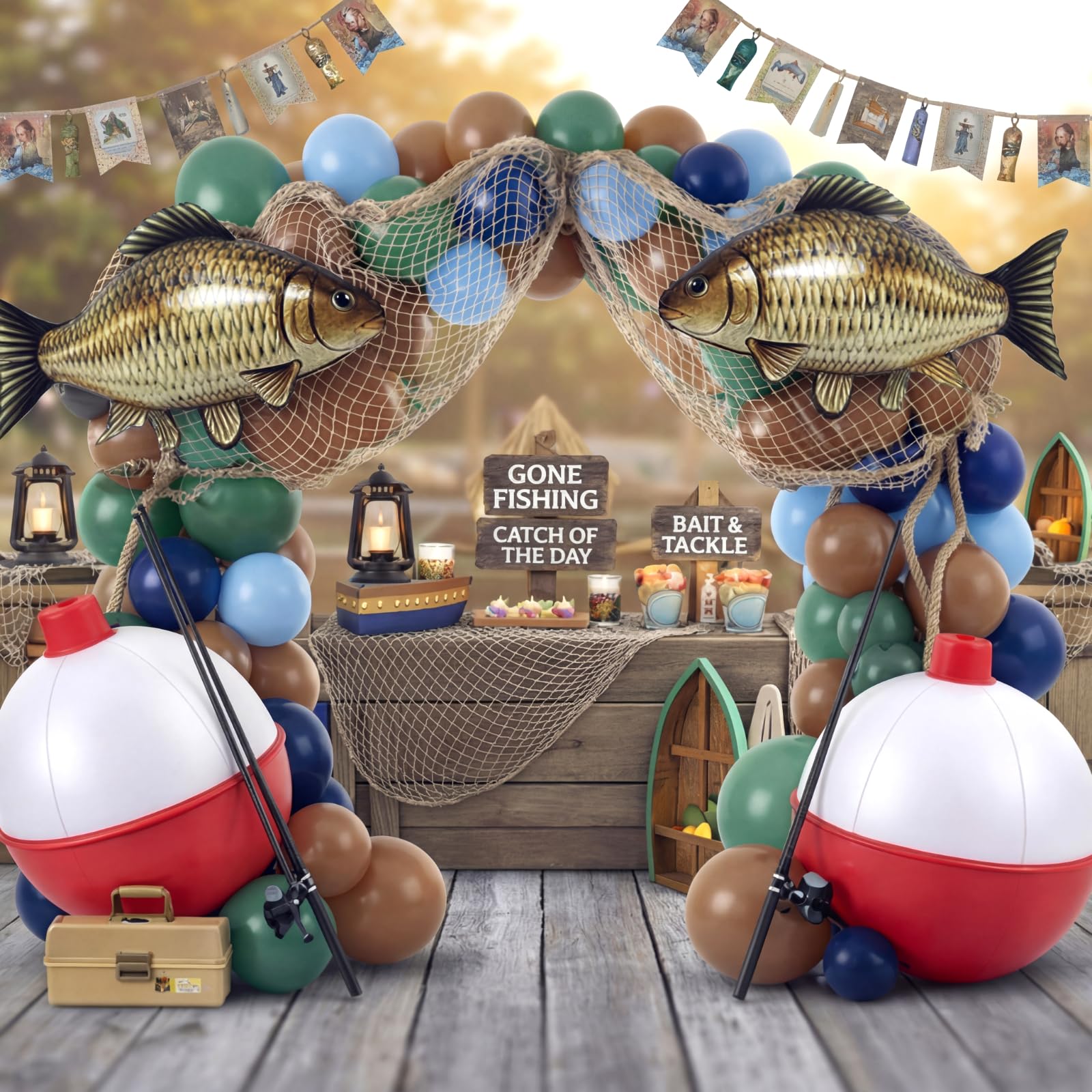 Jetec 148-teiliges Partydekorationsset mit aufblasbaren Bobberball-Fischballons, Fischnetz, grüne und blaue Luftballons für Fischer, Geburtstagsparty, Hofdekoration