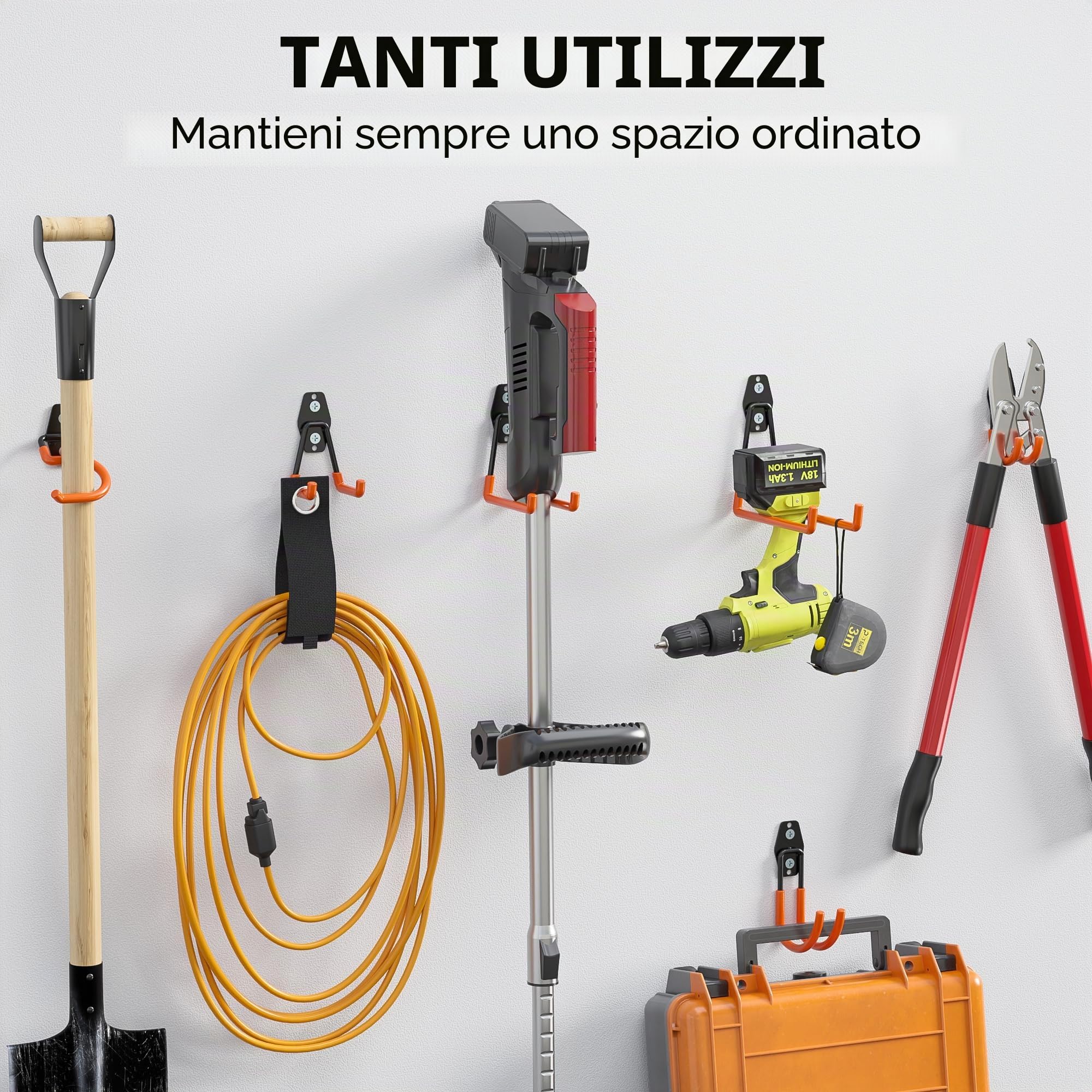 BONTEC Set da 18 ganci da parete arancioni per garage, capacità fino a 502 kg (su legno/forati), acciaio antiscivolo, multiuso per bici, attrezzi, scale, pannello porta attrezzi, design salvaspazio