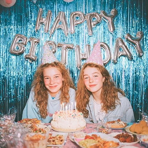 Vista 123 de PartyWoo Cortinas de flecos de aluminio plateadas, 2 serpentinas plateadas de 3.3 x 6.6 pies, telón de fondo con flecos, fondo de oropel, cortina