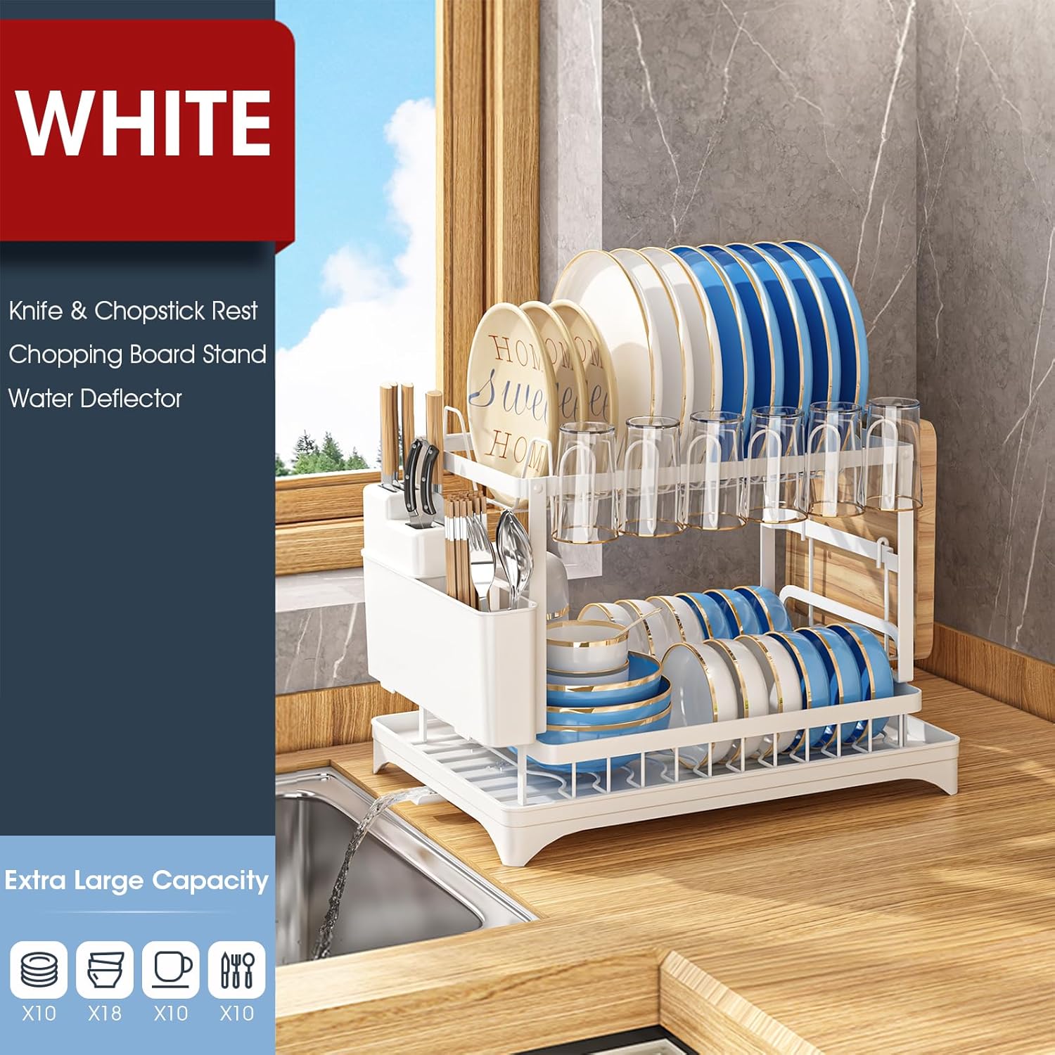 Multifunctional Dish Rack, Rustproof 2-Tier Dish Drying Rack with Drainboard, Space-Saving for Kitchen Counter, White