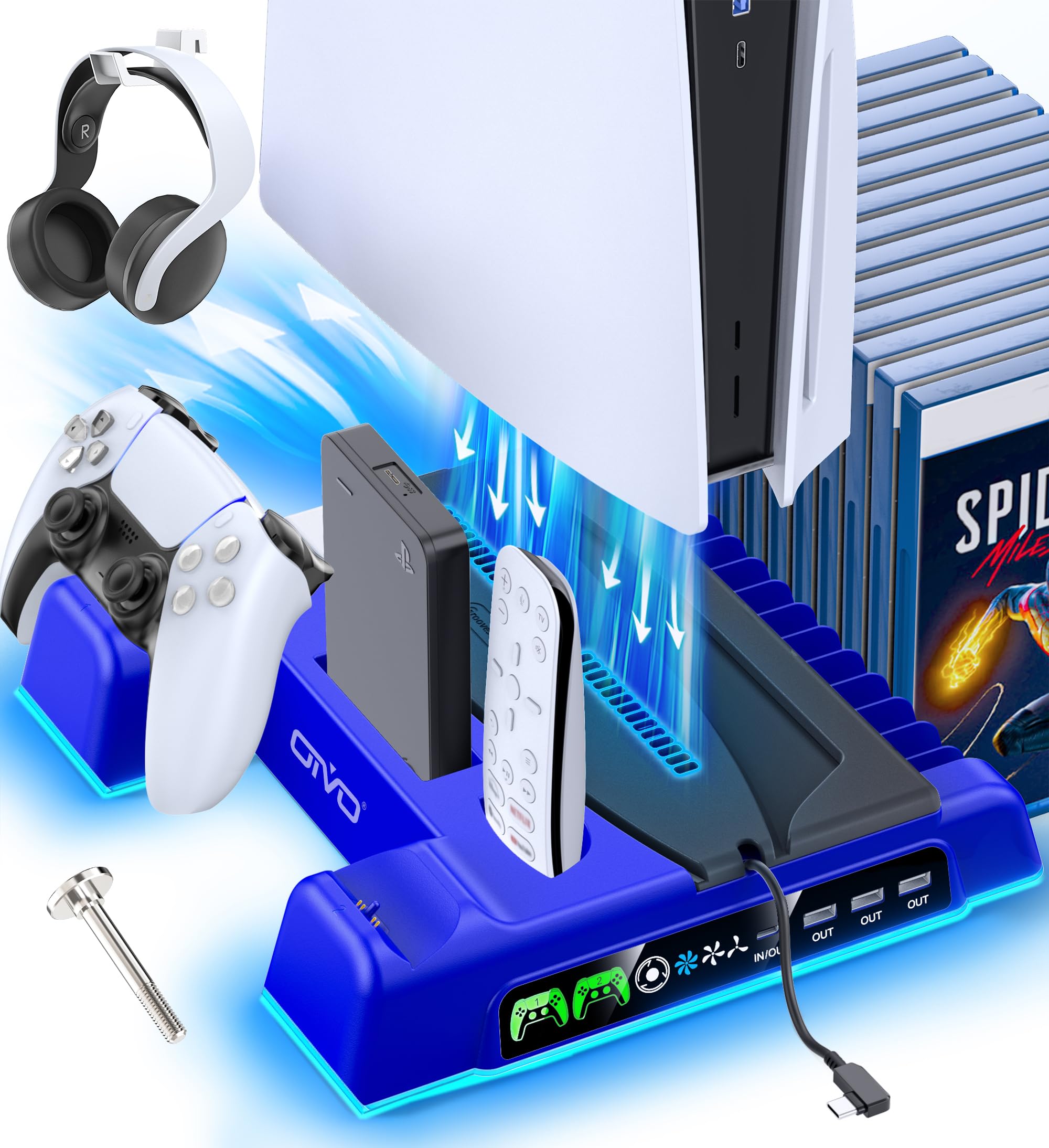 PS5/Slim/Pro Stand and Cooling Station with LED Controller Charging Station for PlayStation 5 Console, Controller Charger, Cooling Stand, PS5/Slim/Pro Skin Accessories Kit with 3 Level Cooler Fan Blue