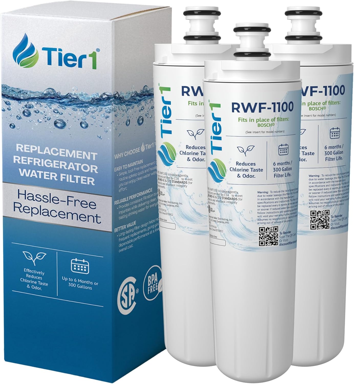 Tier1 RWF1100 640565 Refrigerator Water Filter | Replacement for 3M Cuno CS-52, Whirlpool WHKF-R-PLUS, EVOLFLTR10 Fridge Filter - Up to 18 Months Supply | Easy Install | Great Tasting Water (3-pk)