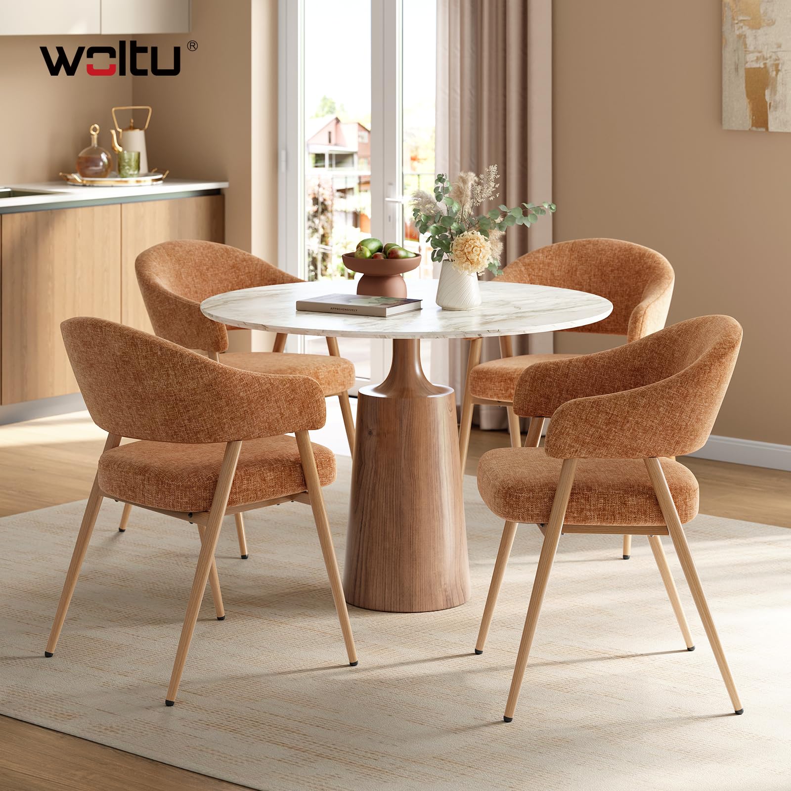 WOLTU Set di 4 Sedie Cucina, Sedie Ergonomiche con Braccioli, Marrone | Schienale Traforato, Gambe in Metallo Effetto Legno, per Sala da Pranzo, Soggiorno, Camera da Letto