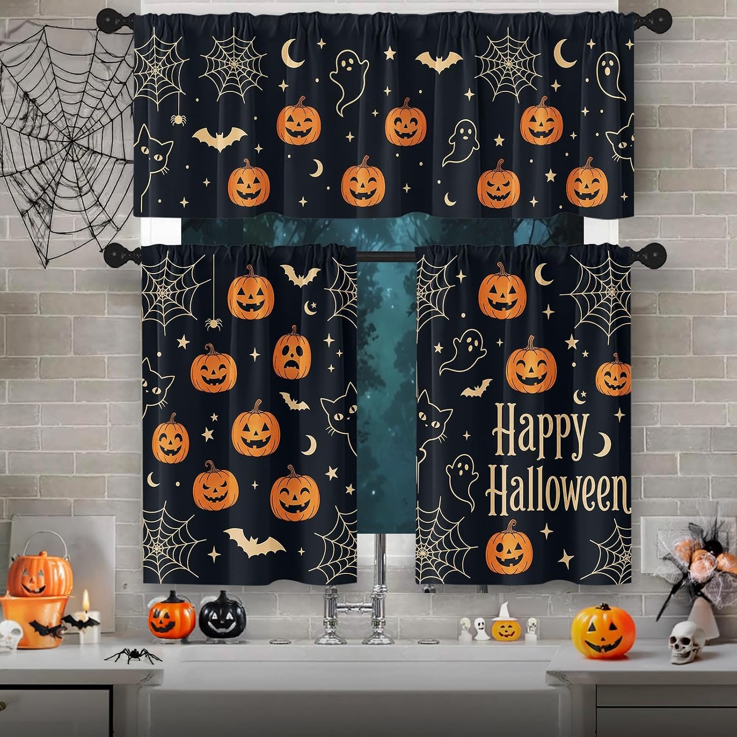 Arttown Halloween Retro Ghost Window Curtains and Valances Set 36 Inch, Cat Pumpkins Moon Black Short Tier Curtain for Cafe Living Room Bathroom, Halloween 3 Pieces Set Kitchen Decor