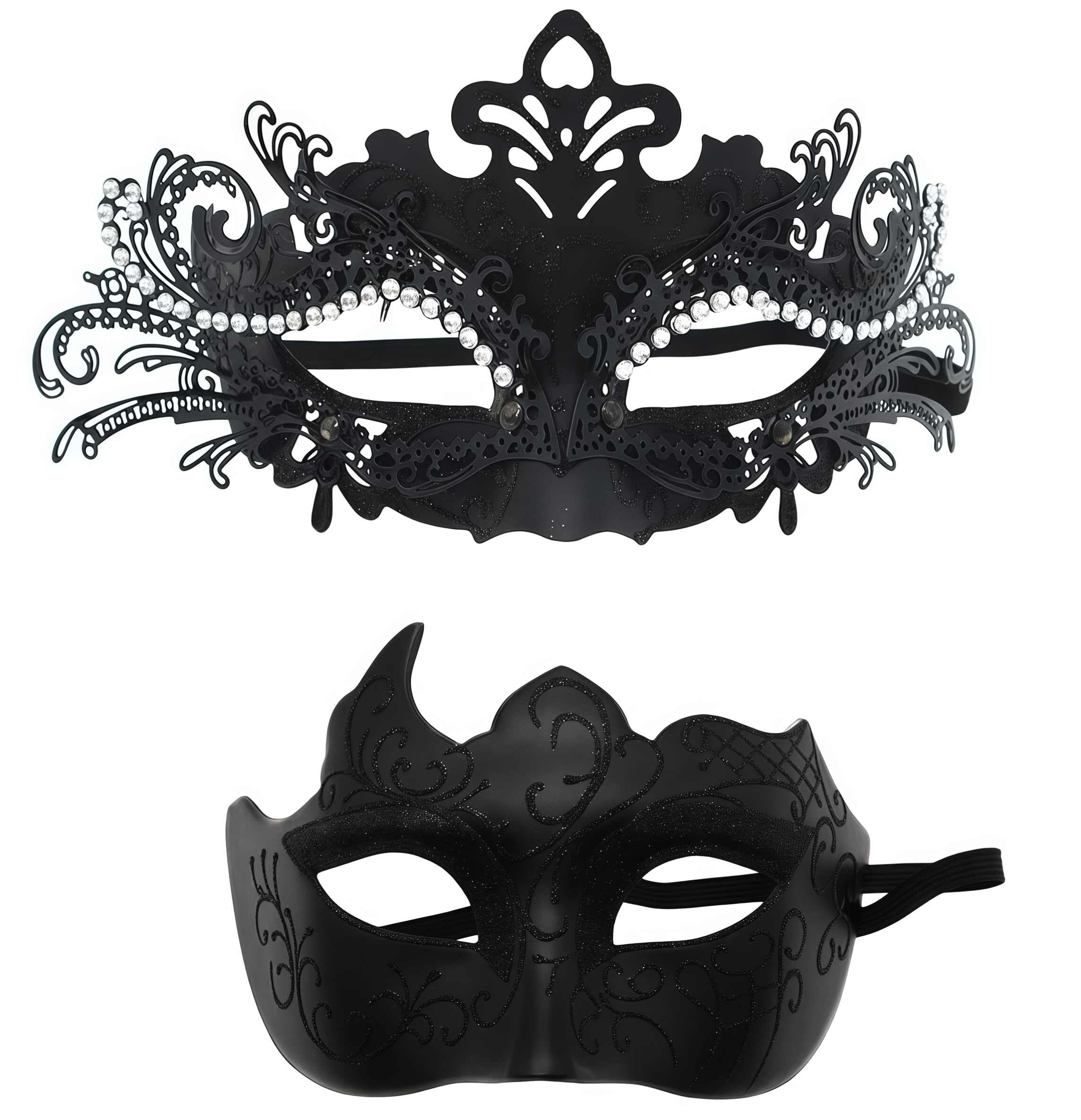 SHIFANQI 2 Pack Masquerade Mask for Women Men, Couples Rhinestone Venetian Ball Mask Set for Fancy Dress Party, Carnival, Ball, Wedding, Mardi Gras, Eye Mask Costume, Black