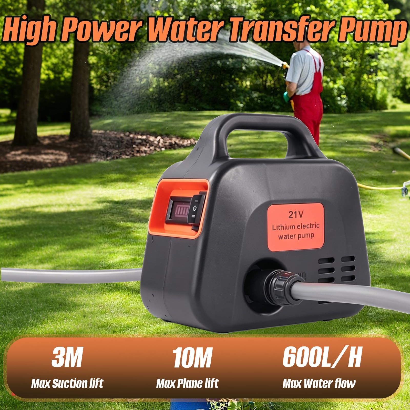 Bomba de Agua con Batería, 600L/H Bomba Eléctrica de Jardín con 2 Baterías, 2 Velocidades, Bomba Eléctrica Inalámbrica Portátil Autocebante Incluye Boquilla 7 en 1 para Casa, Piscina, Caravana, Jardín
