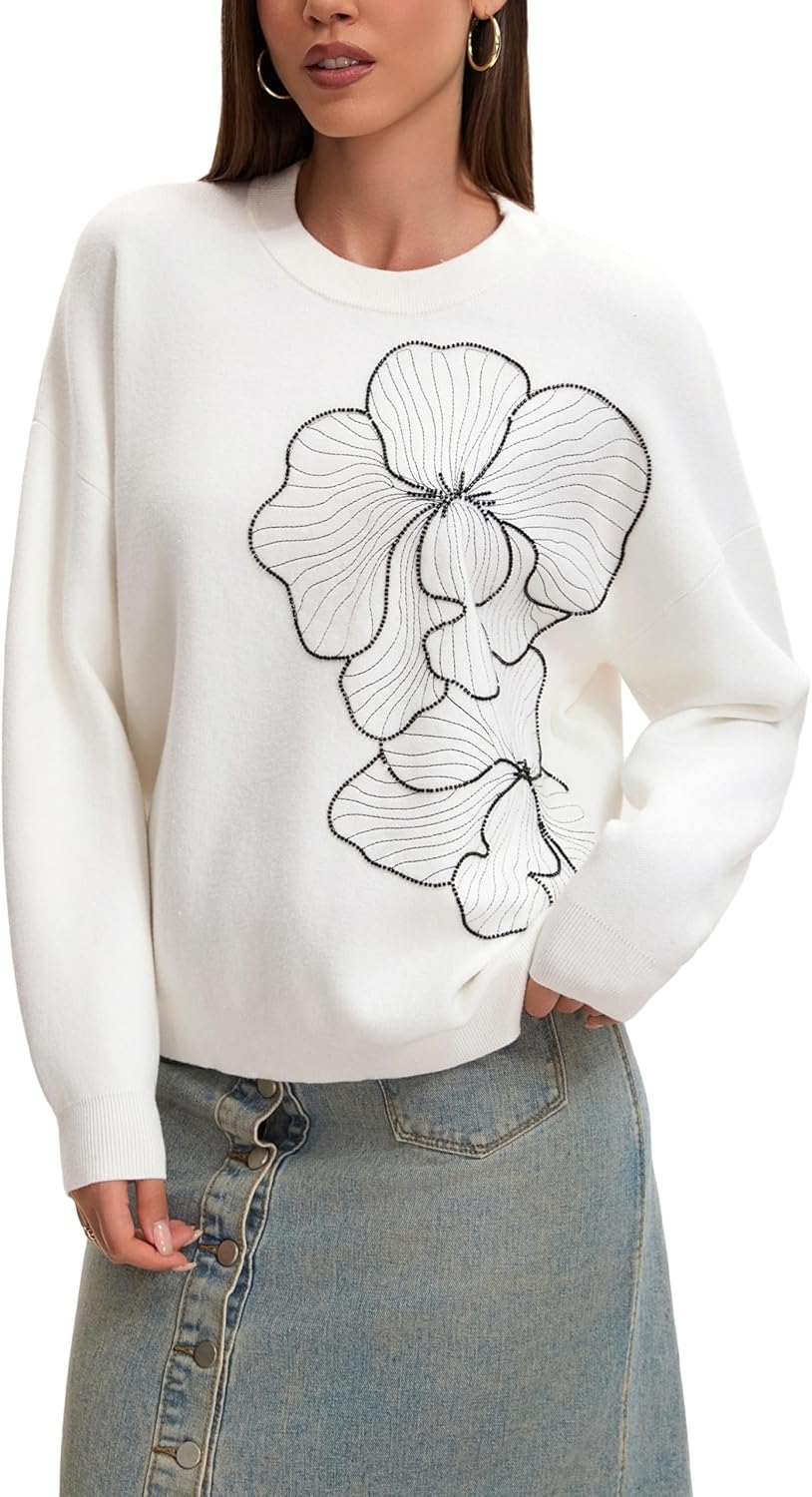 Froggirl Women's Floral Embroidered Crewneck Sweater Soft Knit Pullover Drop Shoulder Stylish Casual Top
