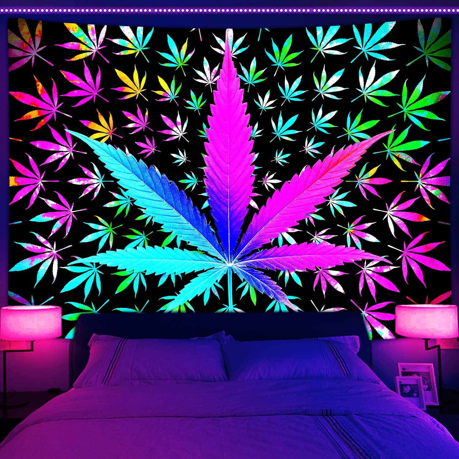 Cool Trippy Weed Blacklight Tapestry UV Reactive, Neon Tie Dye Marijuana Leaf Cannabis Black Light Art Poster for Men Room Bedroom, Psychedelic Glow in The Dark Blanket Party Decor (90X70)