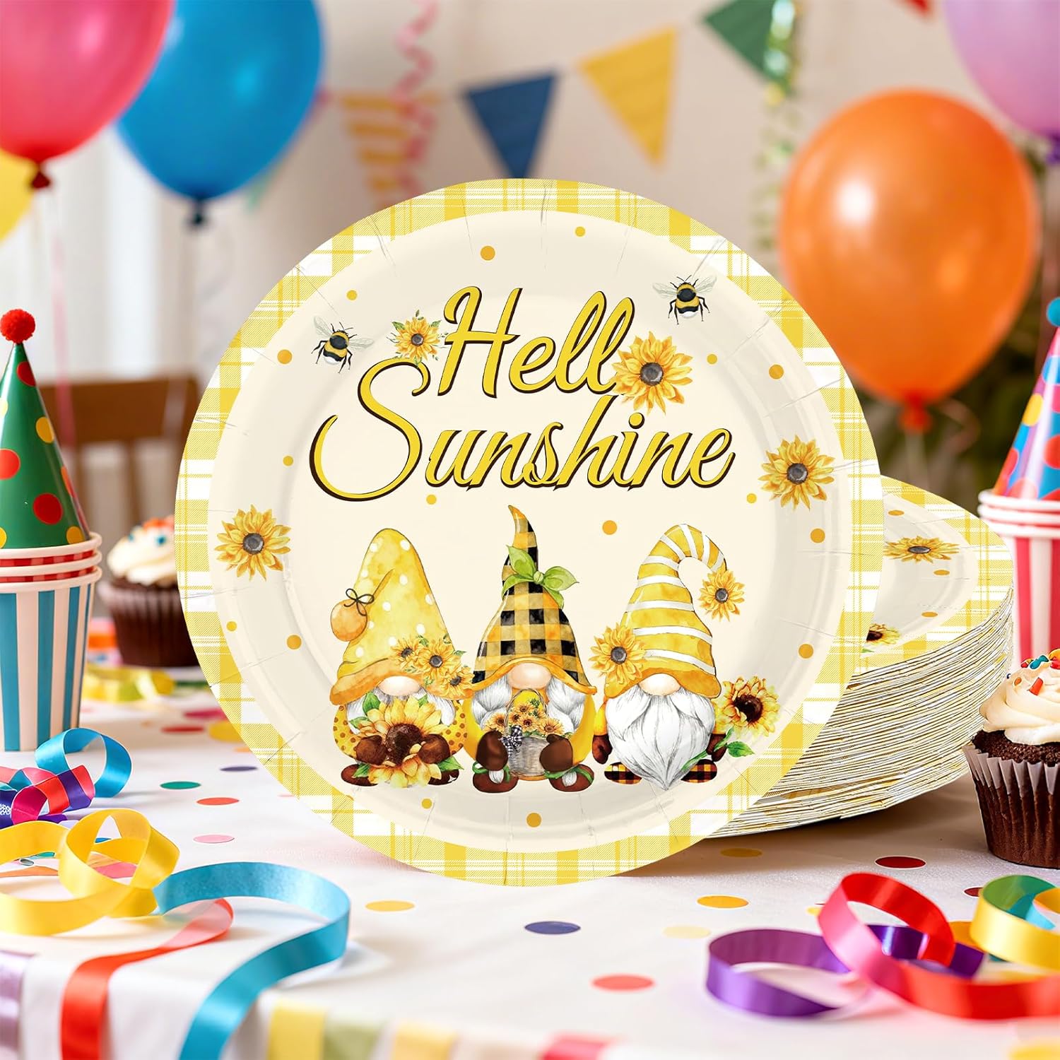 50Pcs Spring Sunflower Decorations 9 in Disposable Sunflower Gnome Theme Paper Plates Yellow Sunshine Floral Tableware for Spring Birthday Bridal Baby Shower Wedding Party Supplies Decor