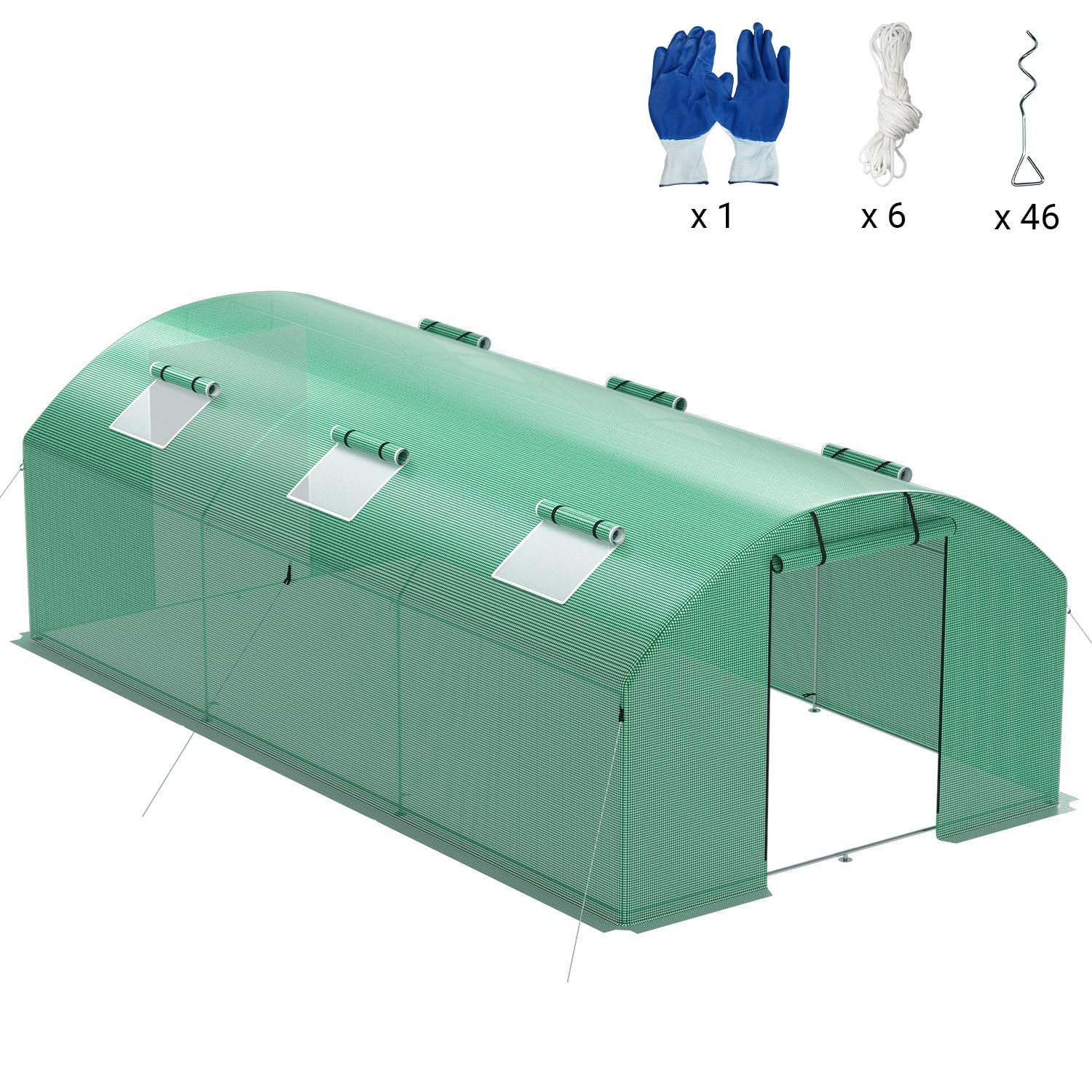 Szklarnia 300 x 600 x 200 cm, szklarnia warzywna z 6 oknami i 2 drzwiczkami z zamkiem błyskawicznym, 140 g/m² PE UV50+, osłona kotwy gruntowe i liny przeciwwiatrowe do stabilnego mocowania w