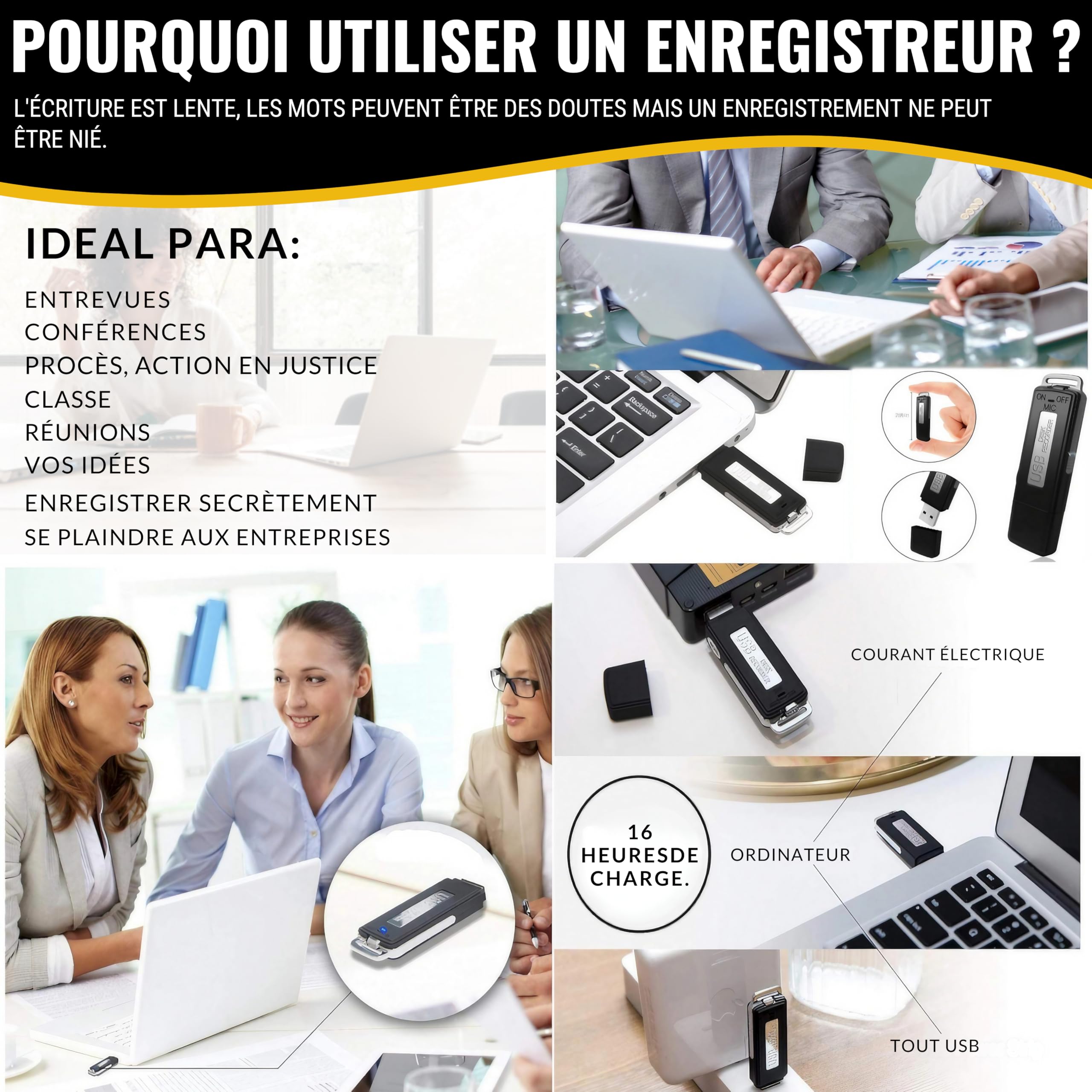 Enregistreur Vocal Espion Discret | Micro Espion Enregistreur Audio HD 8 Go Pour Réunions, Interviews, Cours | Micro d’Écoute À Distance Invisible, 500 Heures D'enregistrement, Portable, Autonomie 13H