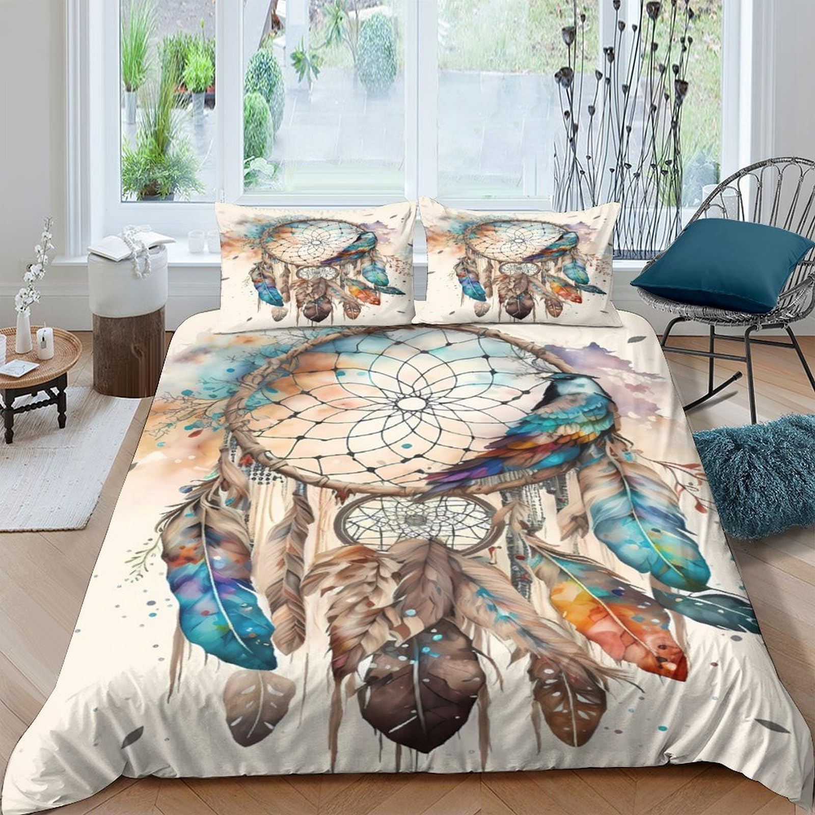 3D Printed Dreamcatcher Bed Cover Microfiber Watercolor Art Style Bedding Cover Fade Resistant Wrinkle Free for University Accommodation Student Dorm Daily Use King（220x240cm）